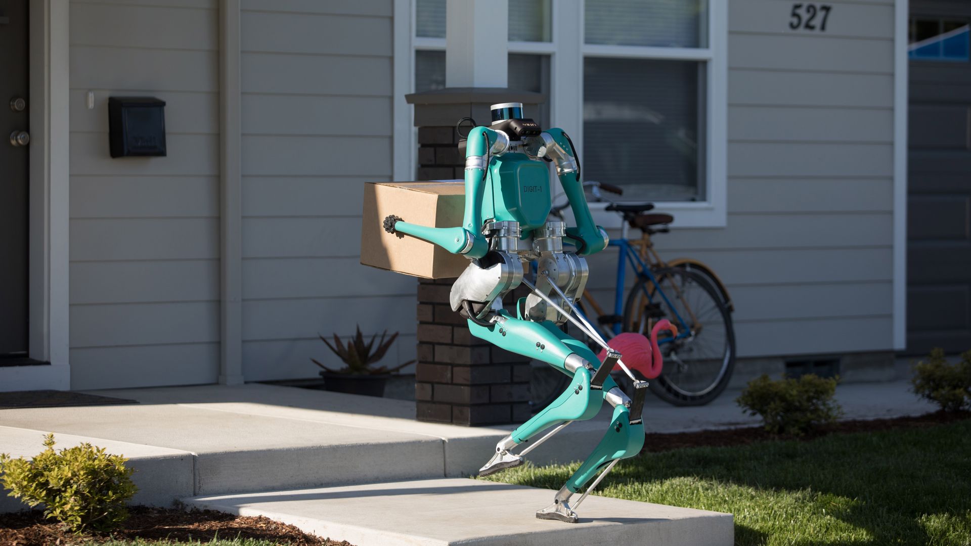Image of robot delivering package to a door.
