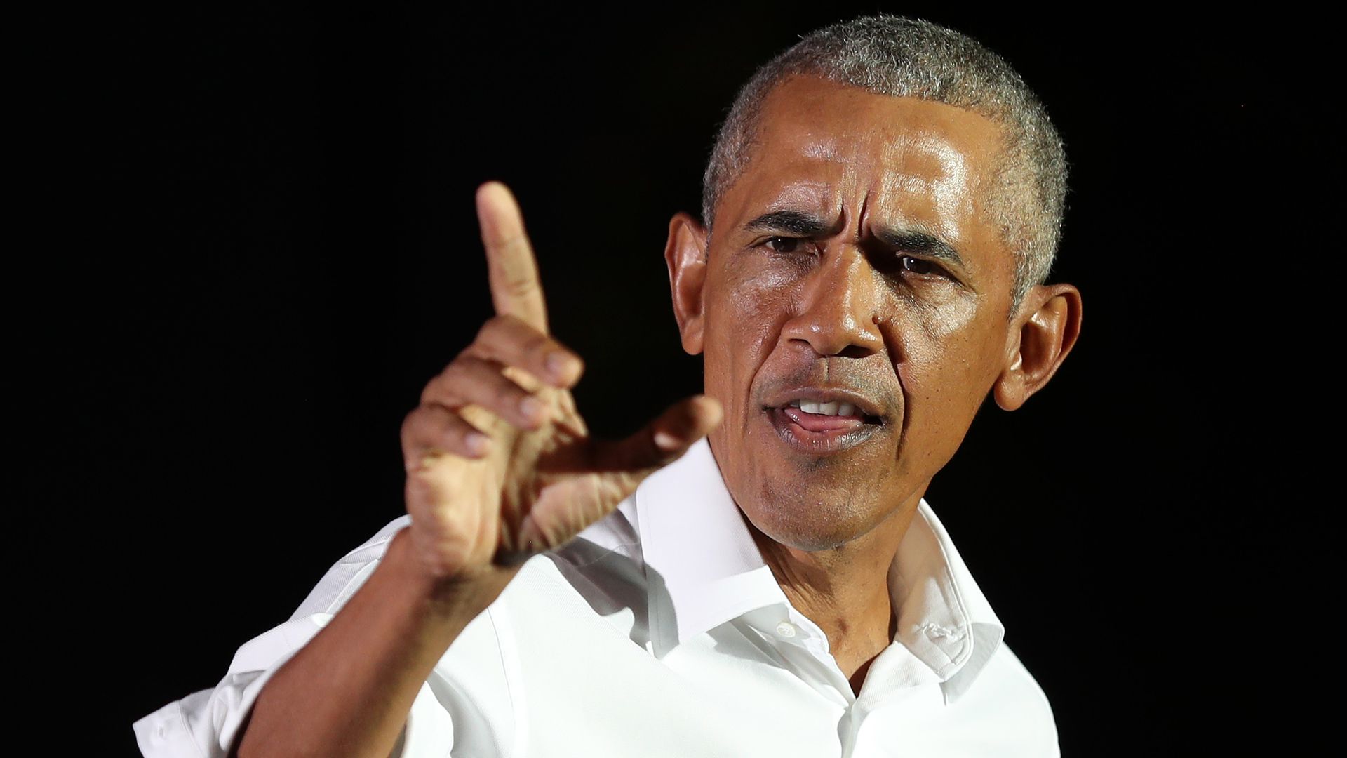 Former President Barack Obama speaks in support of Democratic presidential nominee Joe Biden during a drive-in rally at the Florida International University on November 02, 2020 in Miami, Florida.