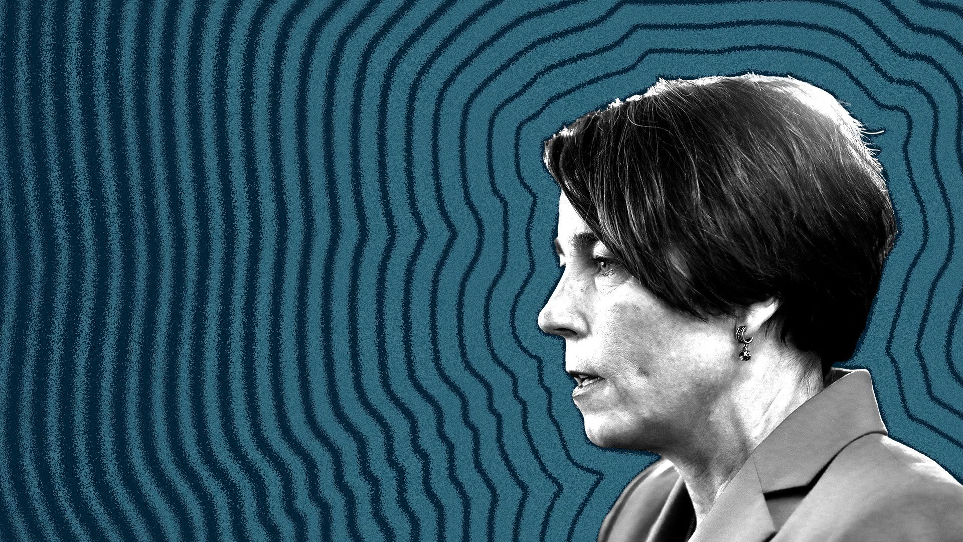 Photo illustration of Maura Healey with lines radiating from her.