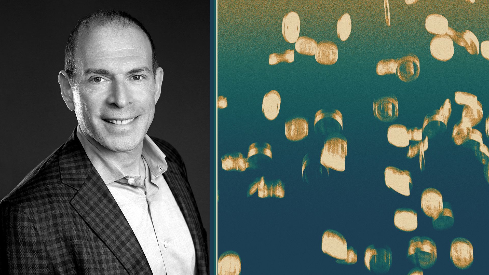 Photo illustration of David Pakman, next to an image of falling coins.