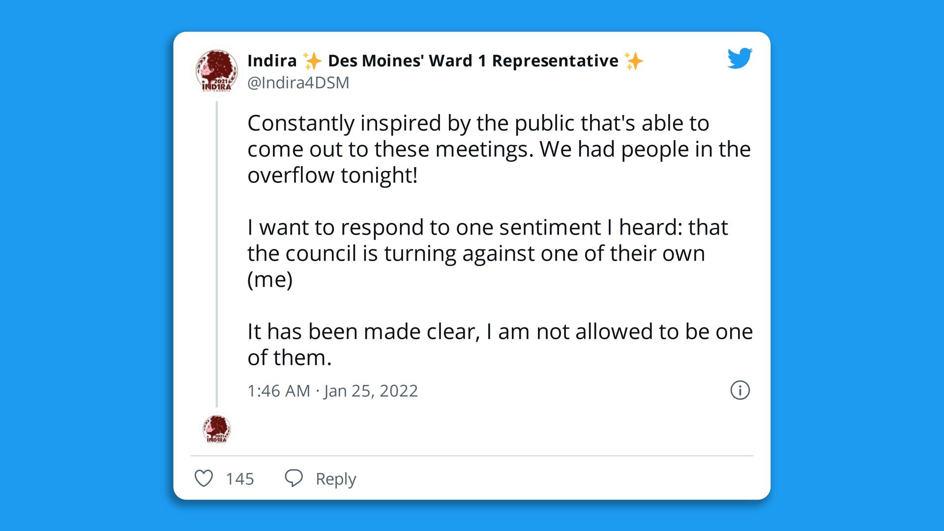 Screenshot of Indira Sheumaker's Twitter feed
