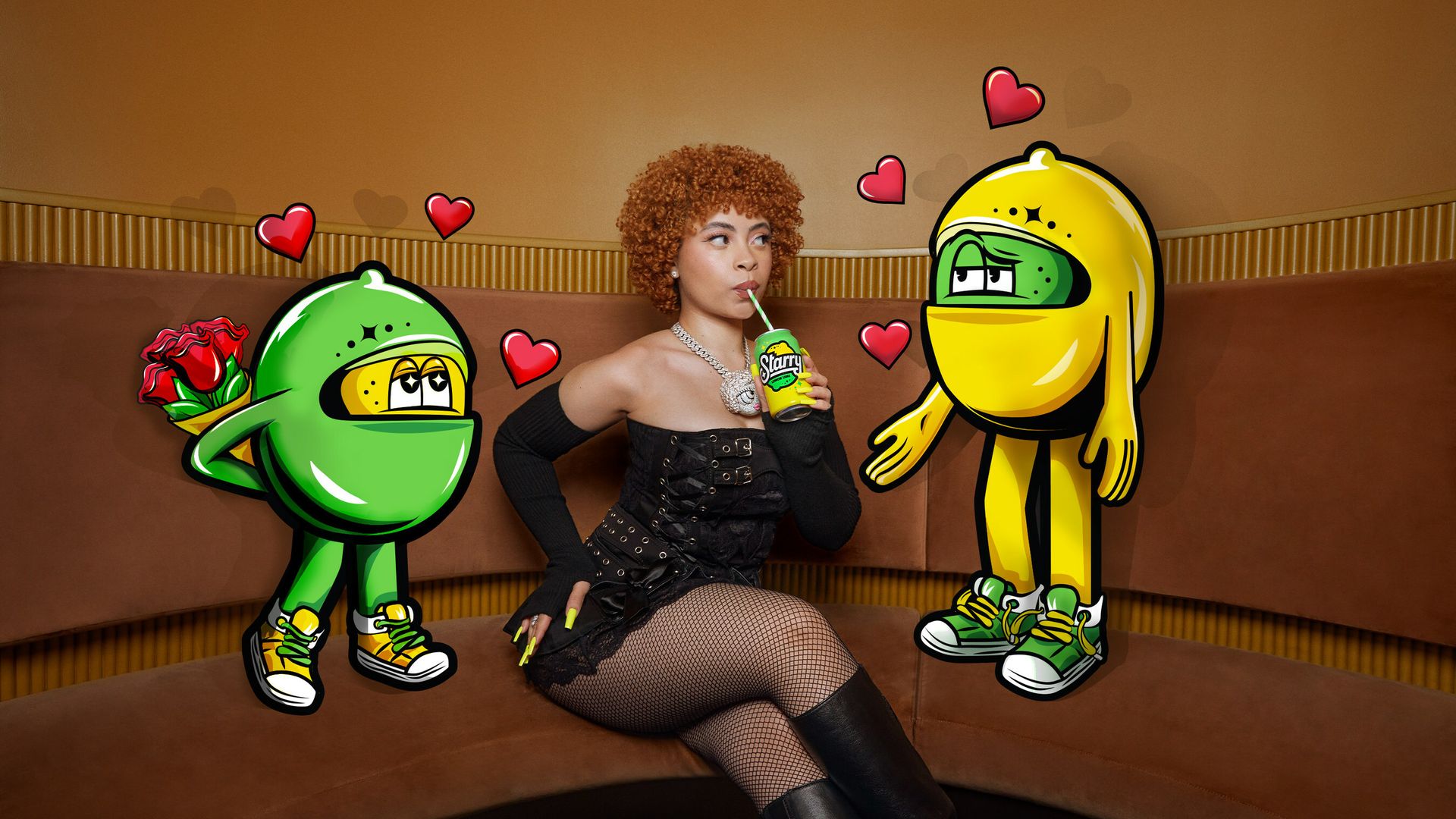 Cartoon Starry mascots on both side of hip hop artist Ice Spice