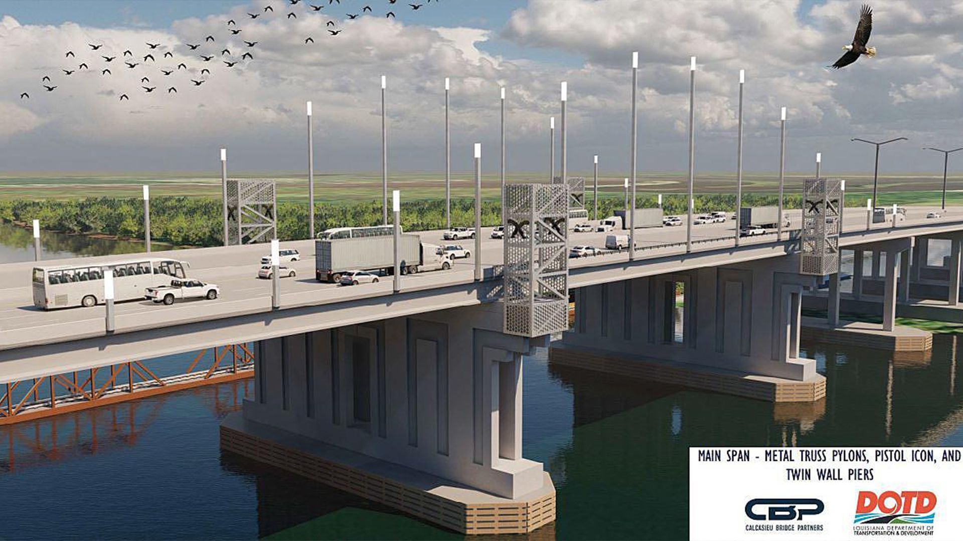 Image shows a rendering of the proposed I-10 bridge in Lake Charles.