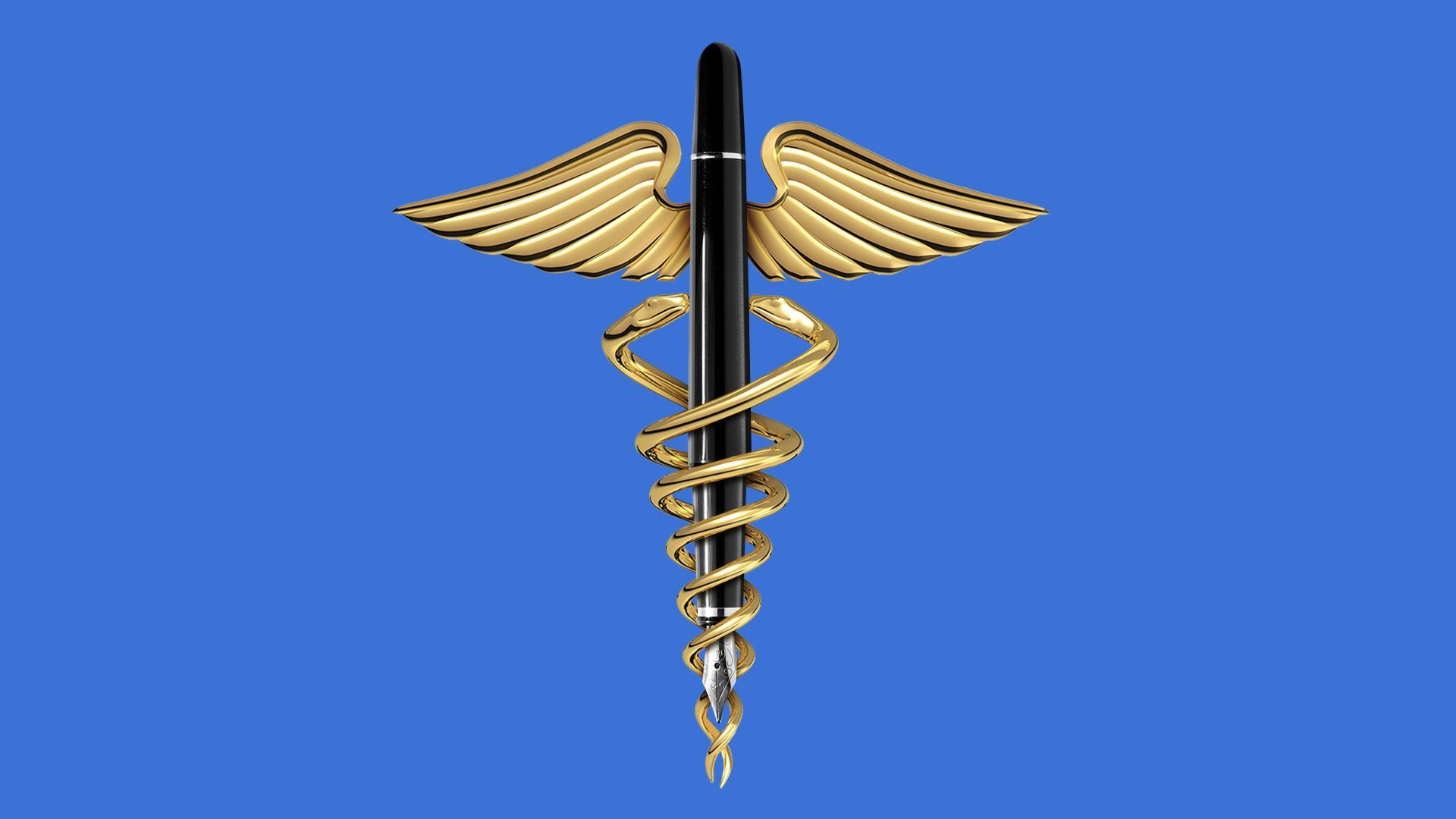 Illustration of a gold caduceus wrapped around an ink pen