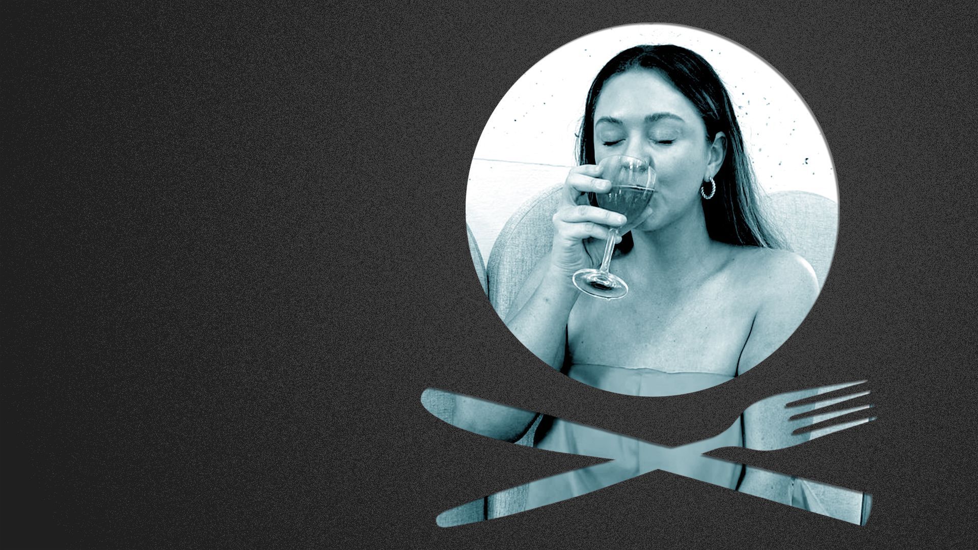 Photo illustration of a place setting shaped like a skull and crossbones containing a photo of Em Daugherty.