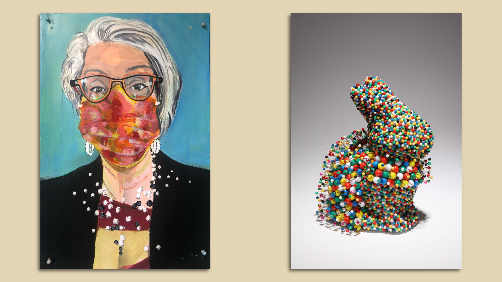 Side by side photos of art work. One features a painting of a person in professional office attire wearing a red Covid mask. Another shows a rabbit sculpture created by hundreds of red, yellow, green, white and blue push pins.
