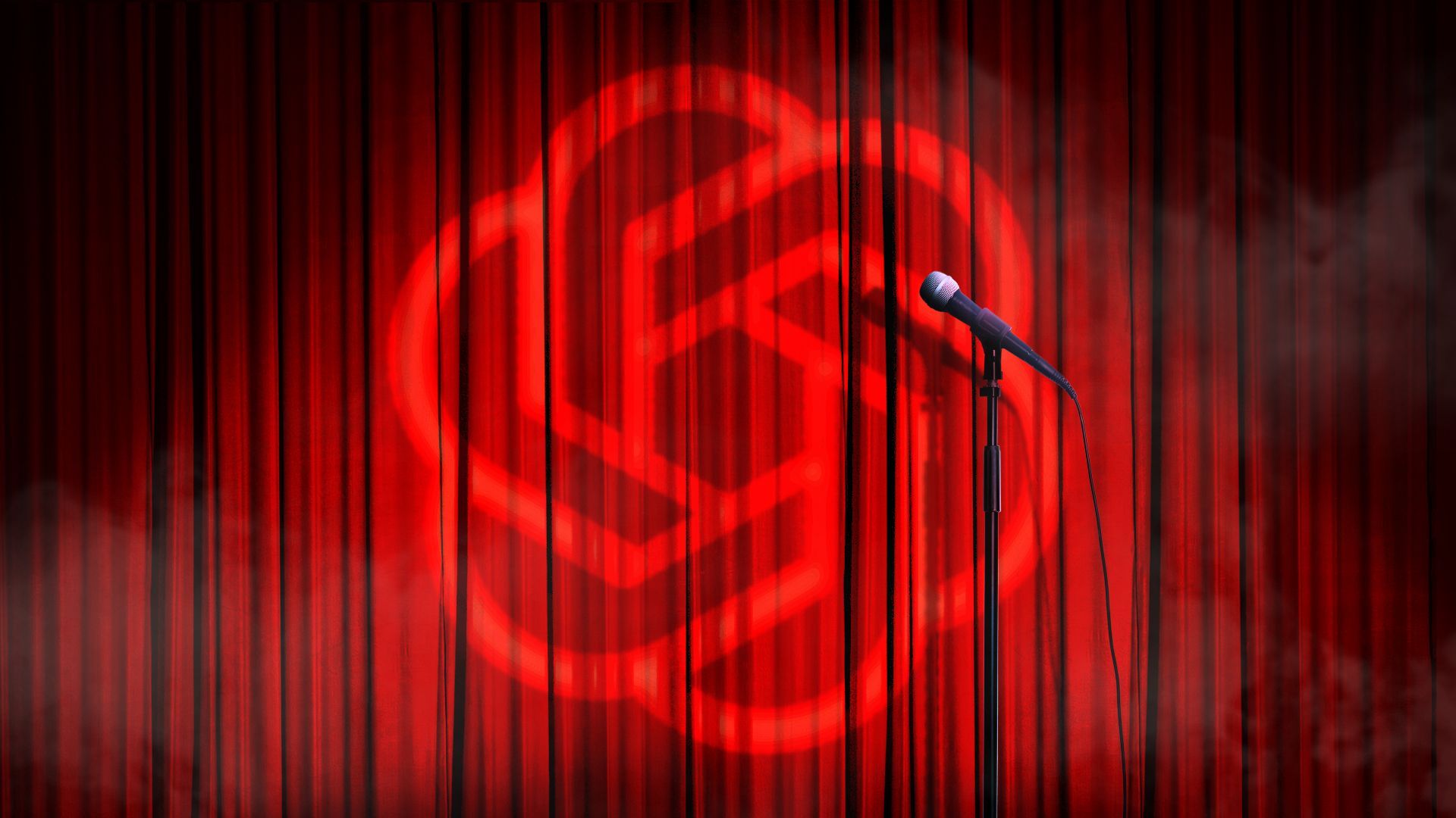 Illustration of a spotlight in the shape the ChatGPT logo on a red stage curtain with a microphone 