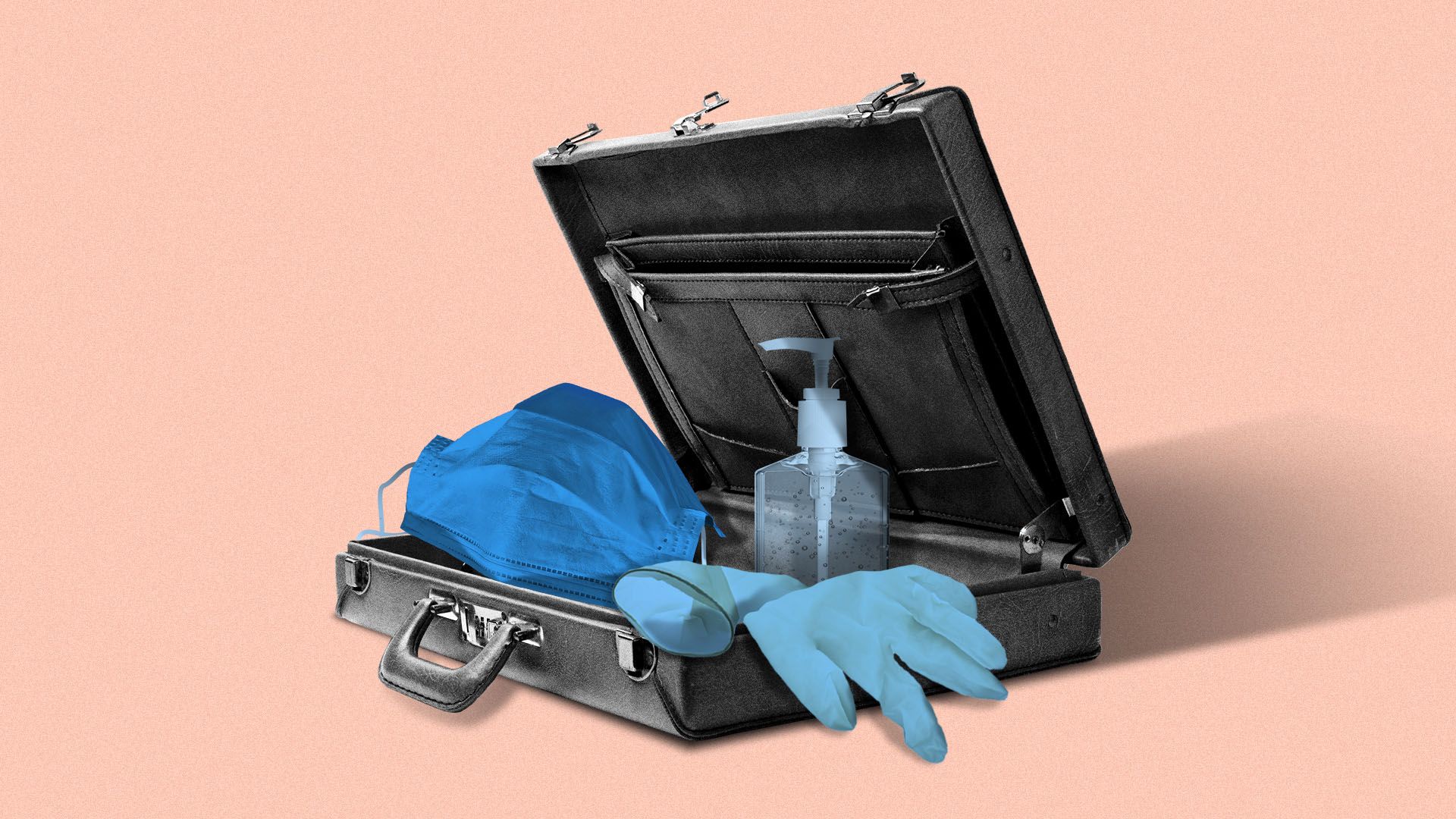 Illustration of an open briefcase filled a medical mask, gloves, and hand sanitizer
