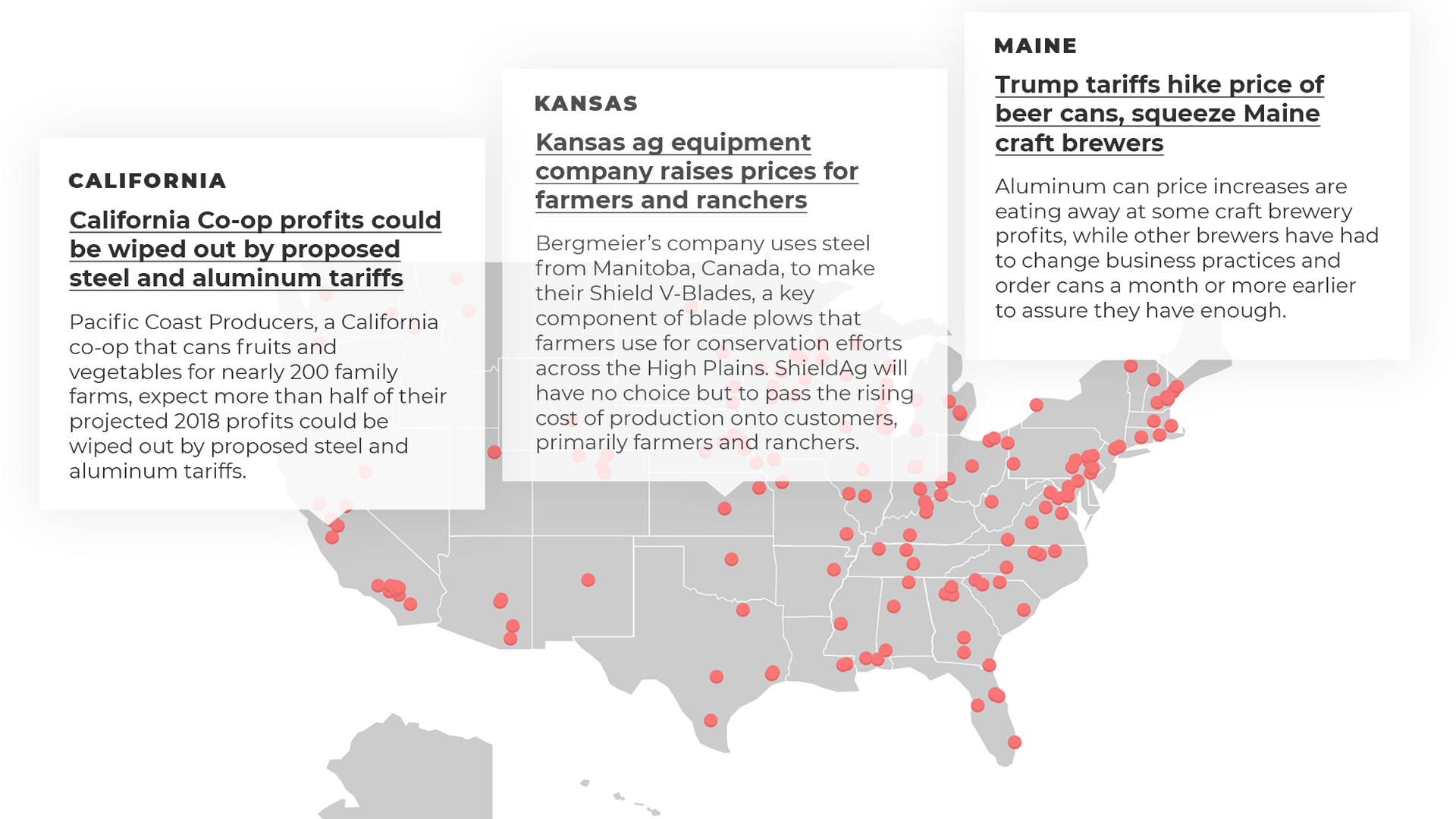 U.S. map pinpointing examples of tariff pain