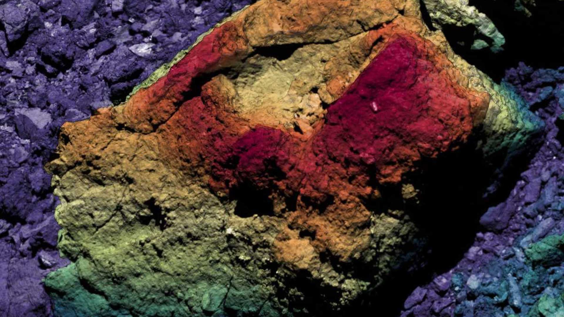 A boulder seen on Bennu pictured in false color