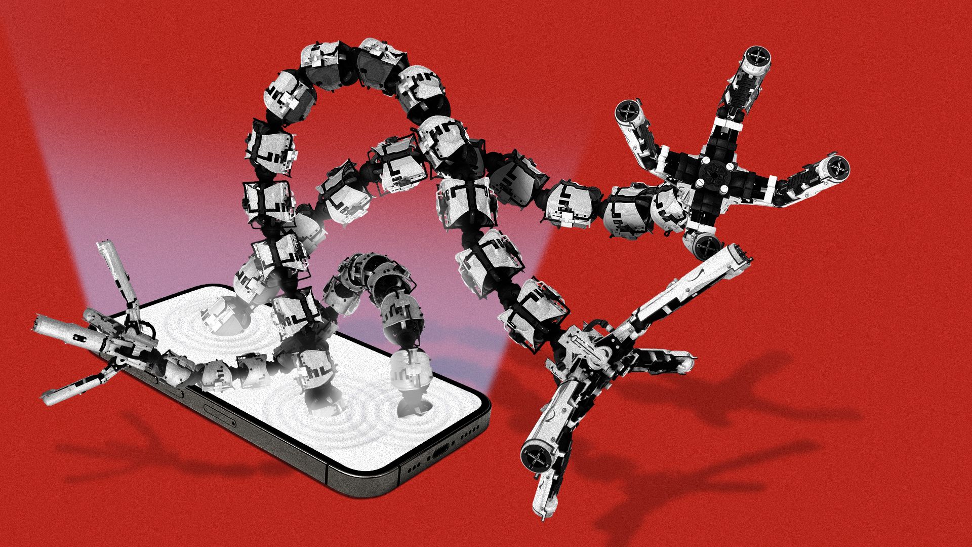 Illustration of robot tentacles emerging from a smartphone screen casting bluish light, set against a bright red background.