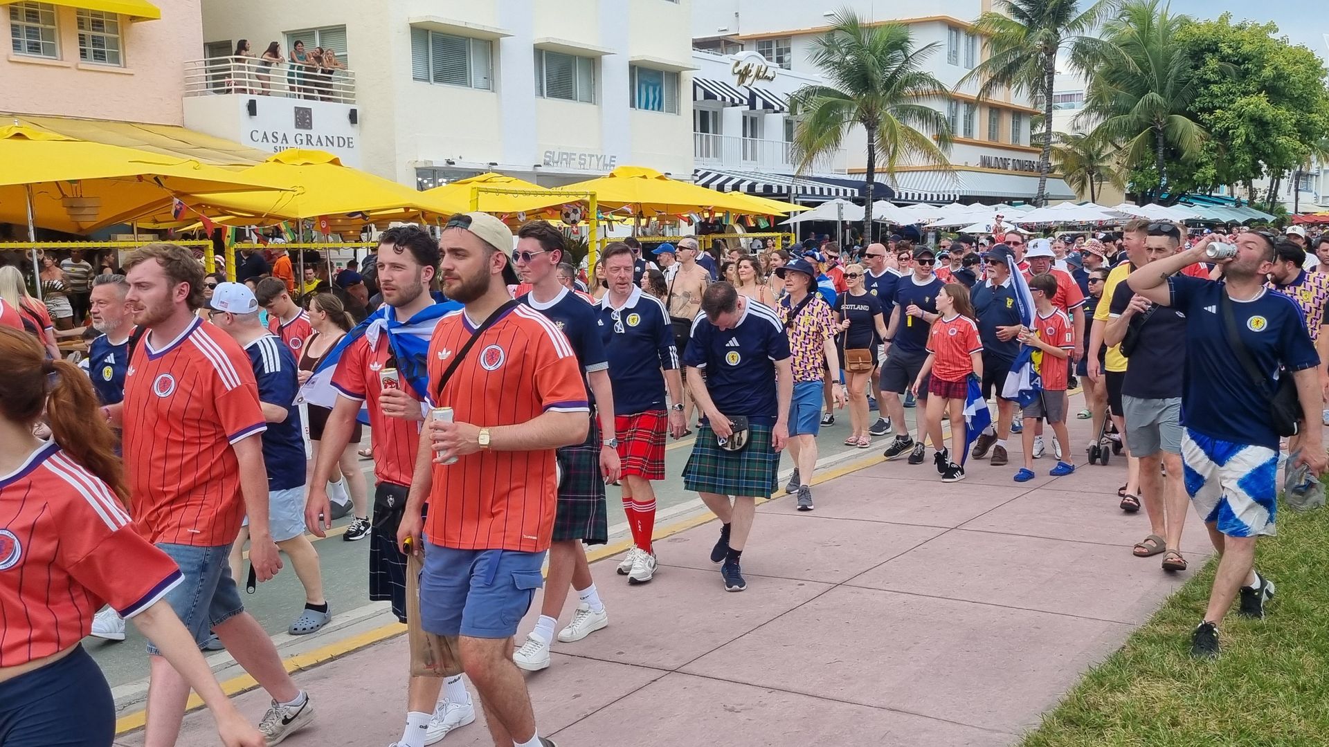 Scotland fans take part in the Tartan Army march in Miami South beach's Ocean Drive, during the 2026 World Cup. Picture date: Tuesday June 23, 2026. (Photo by Ryan McDougall/PA Images via Getty Images)