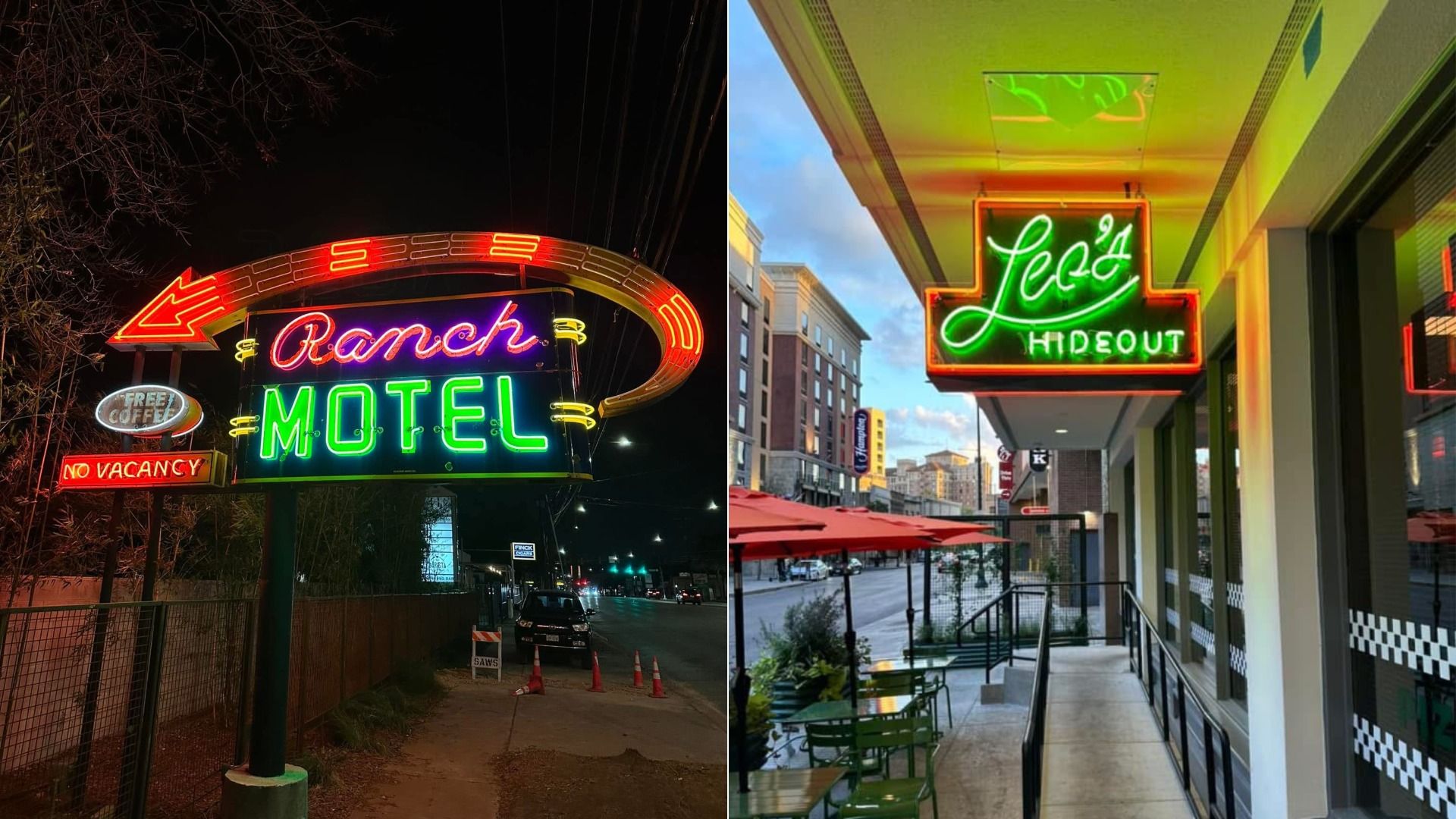 Split image: On the left is the restored Ranch Motel neon sign seen glowing in the night, with a circular arrow and a "No Vacancy" sign. On right in daylight is a green neon sign, outlined in red, that reads "Leo's Hideout" above outdoor patio seating. A downtown scene is visible in the background.