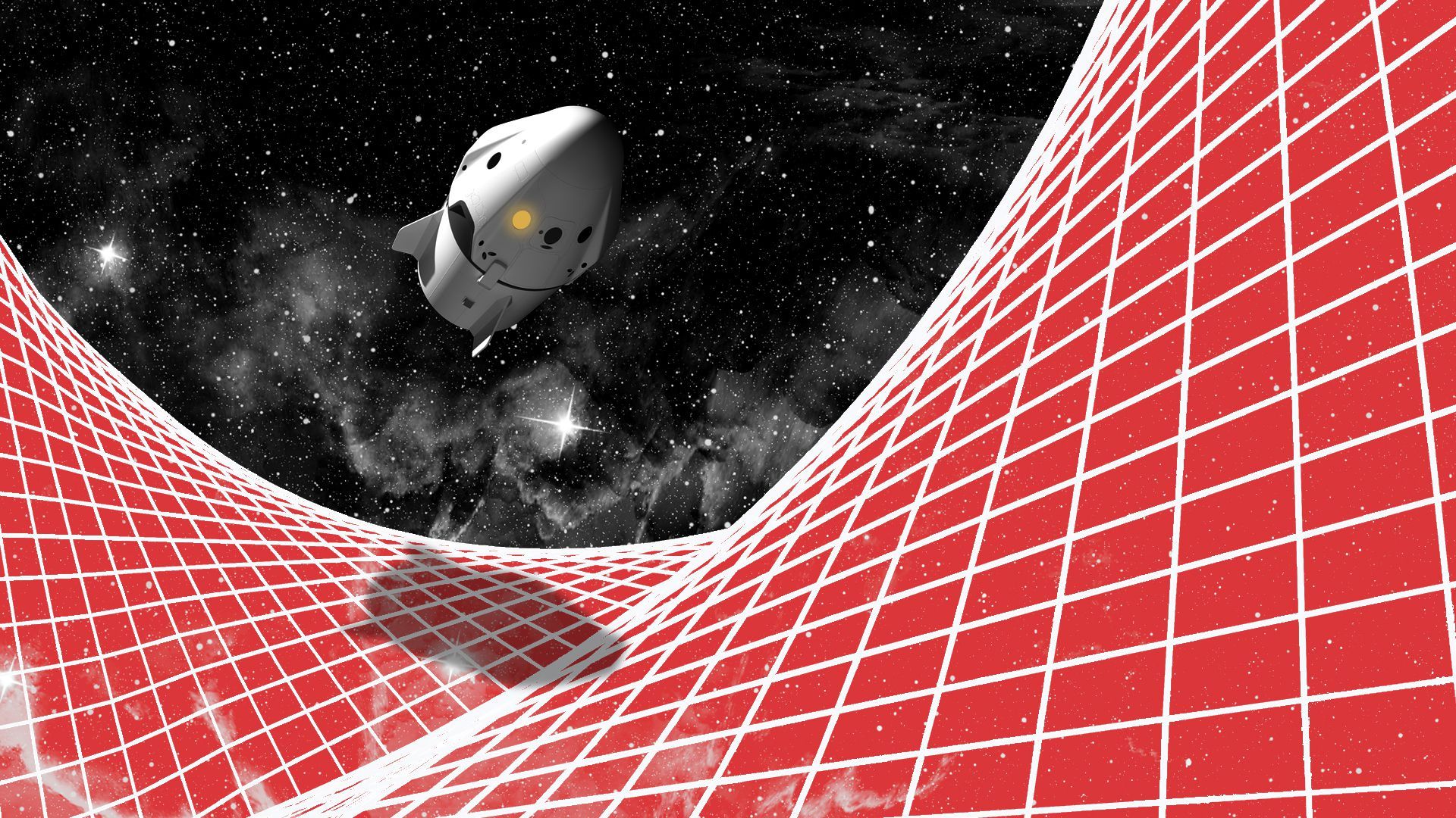 Illustration of a space ship in space with a curving grid beneath it