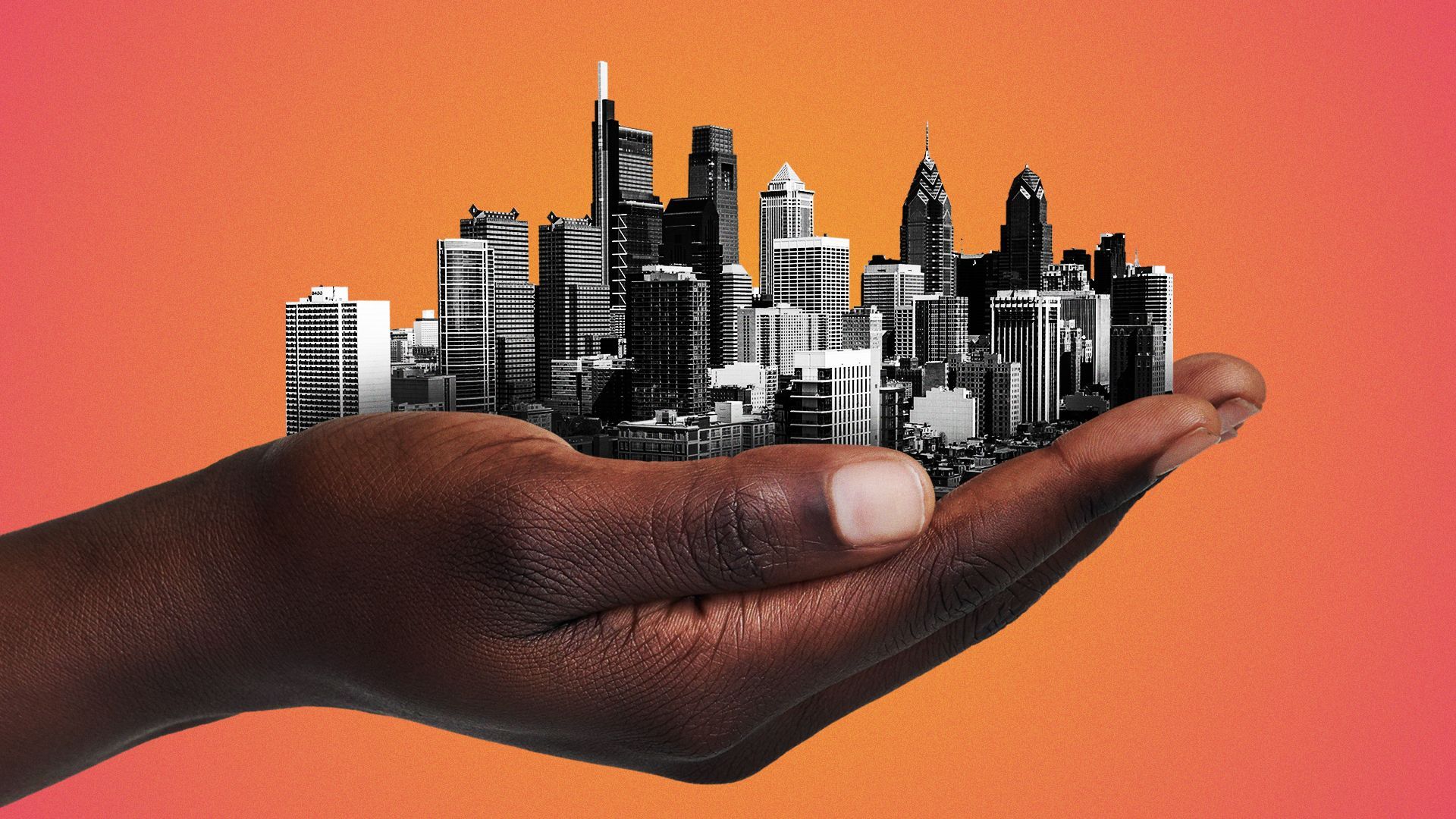 Illustration of a Black woman's hands holding the city of Philadelphia. 