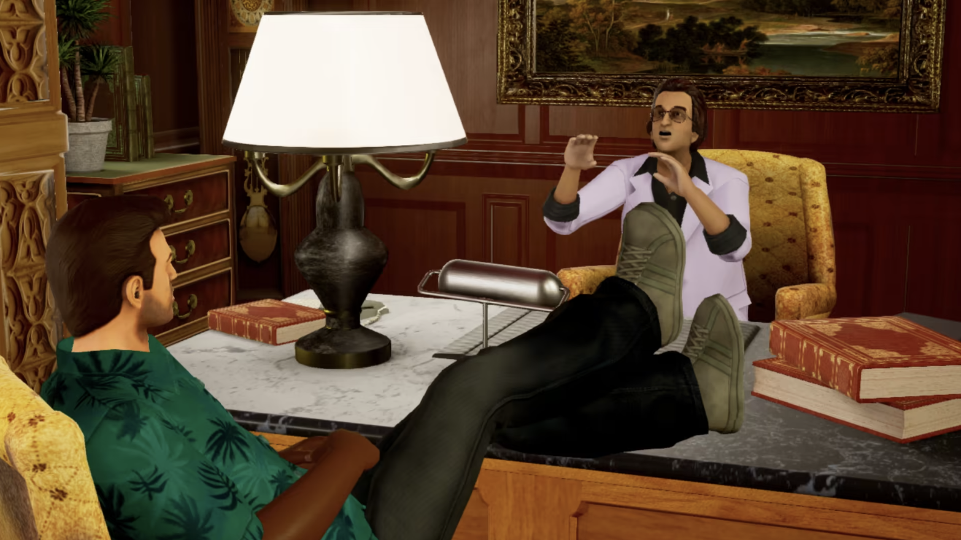 Video game screenshot of a man in a Hawaiian shirt putting his feet up on the desk of a man in a pink suit who is waving his hands