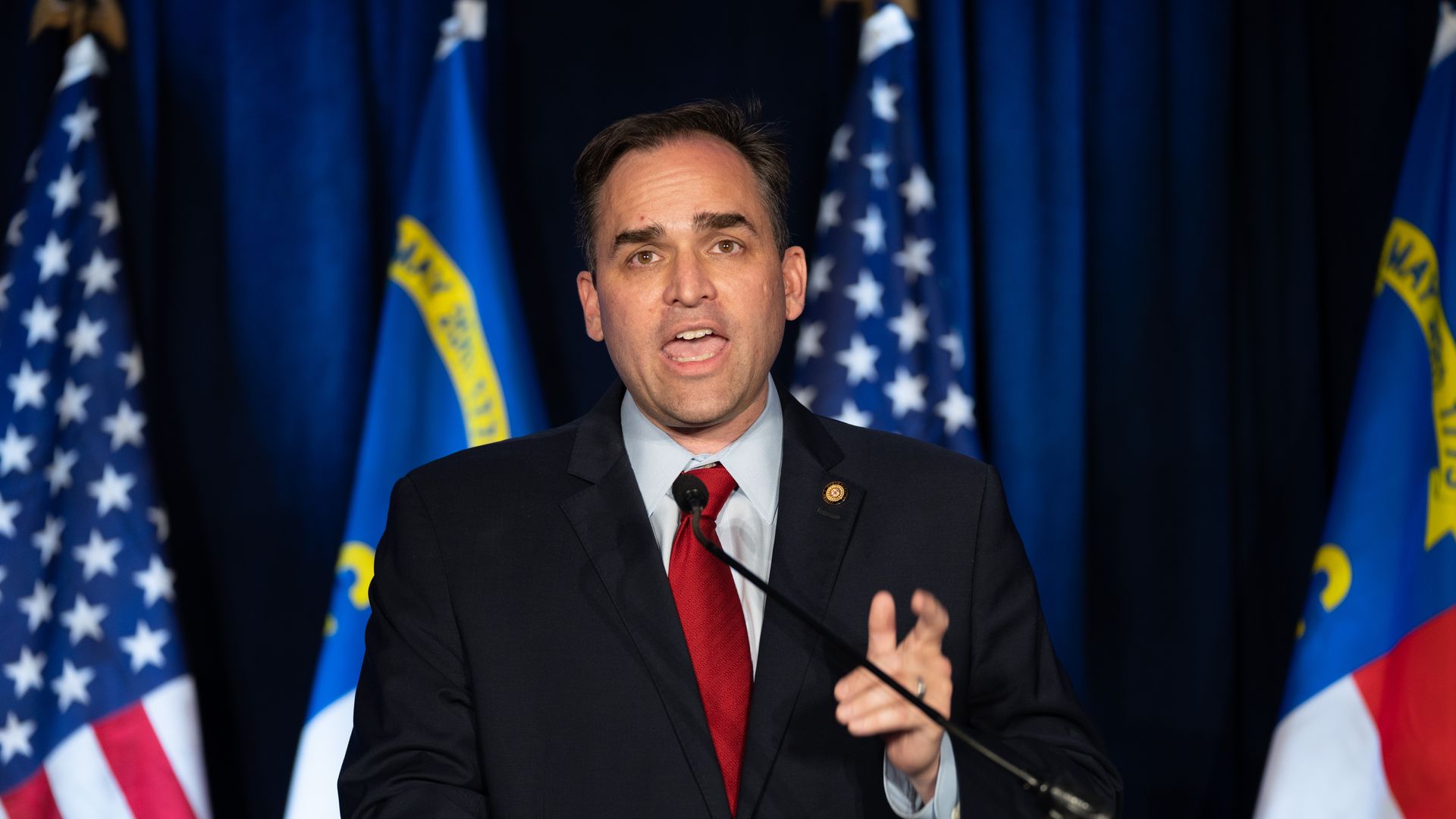 RALEIGH, NC - MAY 17: North Carolina State Sen. Wiley Nickel (D) speaks to a crowd after winning the Democratic primary for the 13th congressional district of North Carolina at an election night event May 17, 2022 in Raleigh, North Carolina. Nickel defeated former State Sen. Sam Searcy in the primar