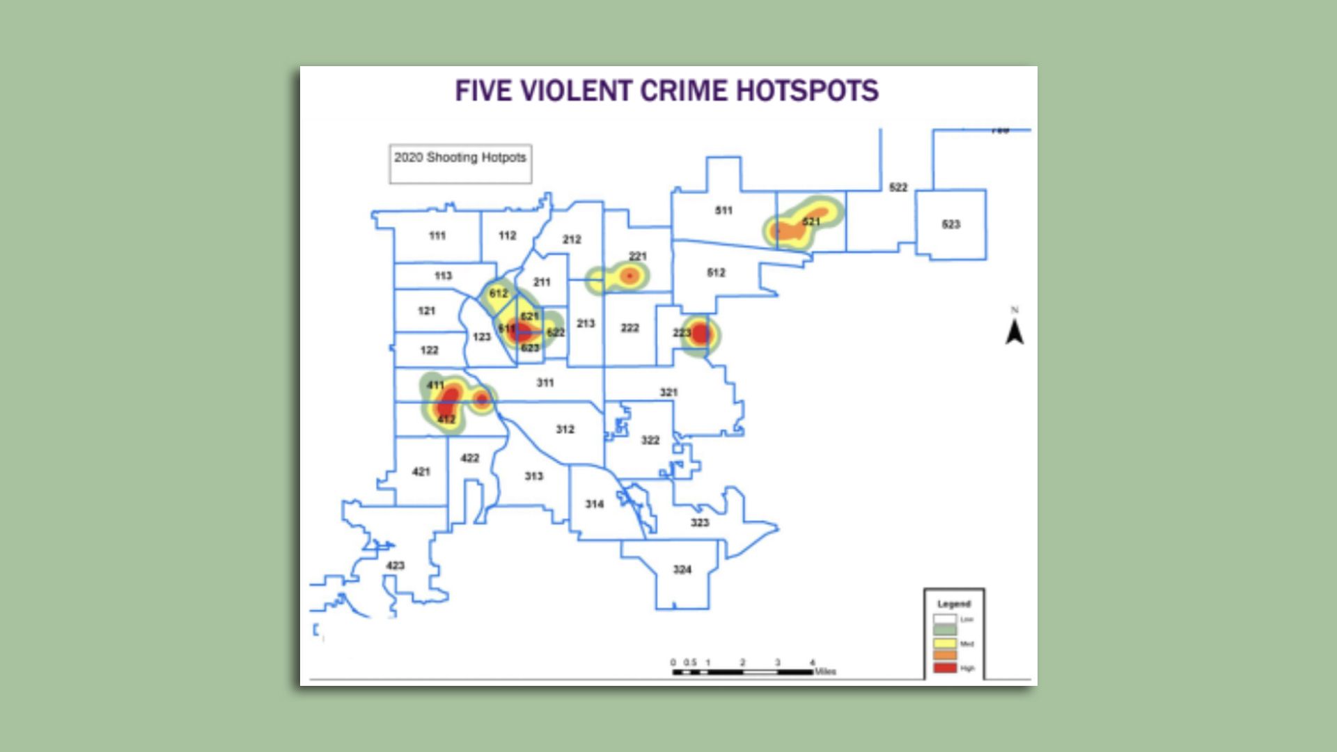 A map of Denver showing the hotspots for shootings in 2020