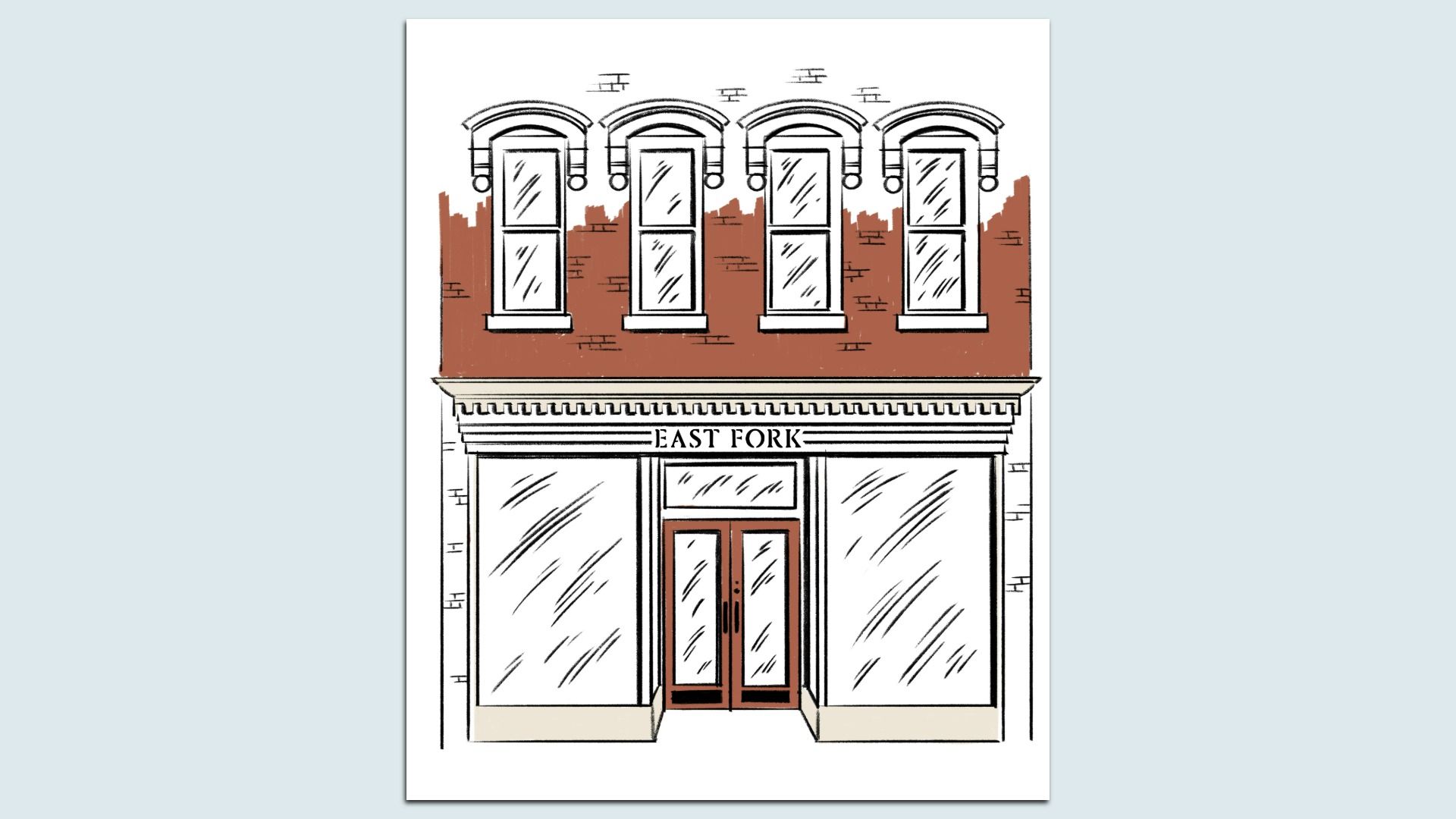 Illustration of a brick storefront: three arched second-story windows above a ground-floor display with large glass panes; the sign reads EAST FORK above the double doors.