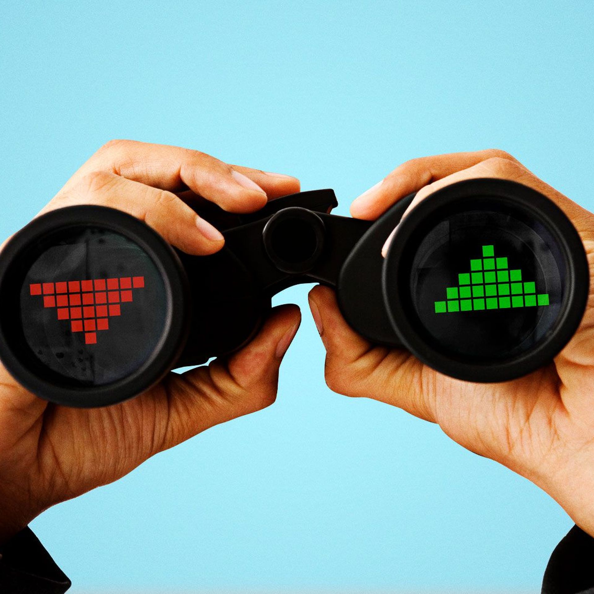 Illustration of suited hand holding binoculars with negative and positive stock arrows