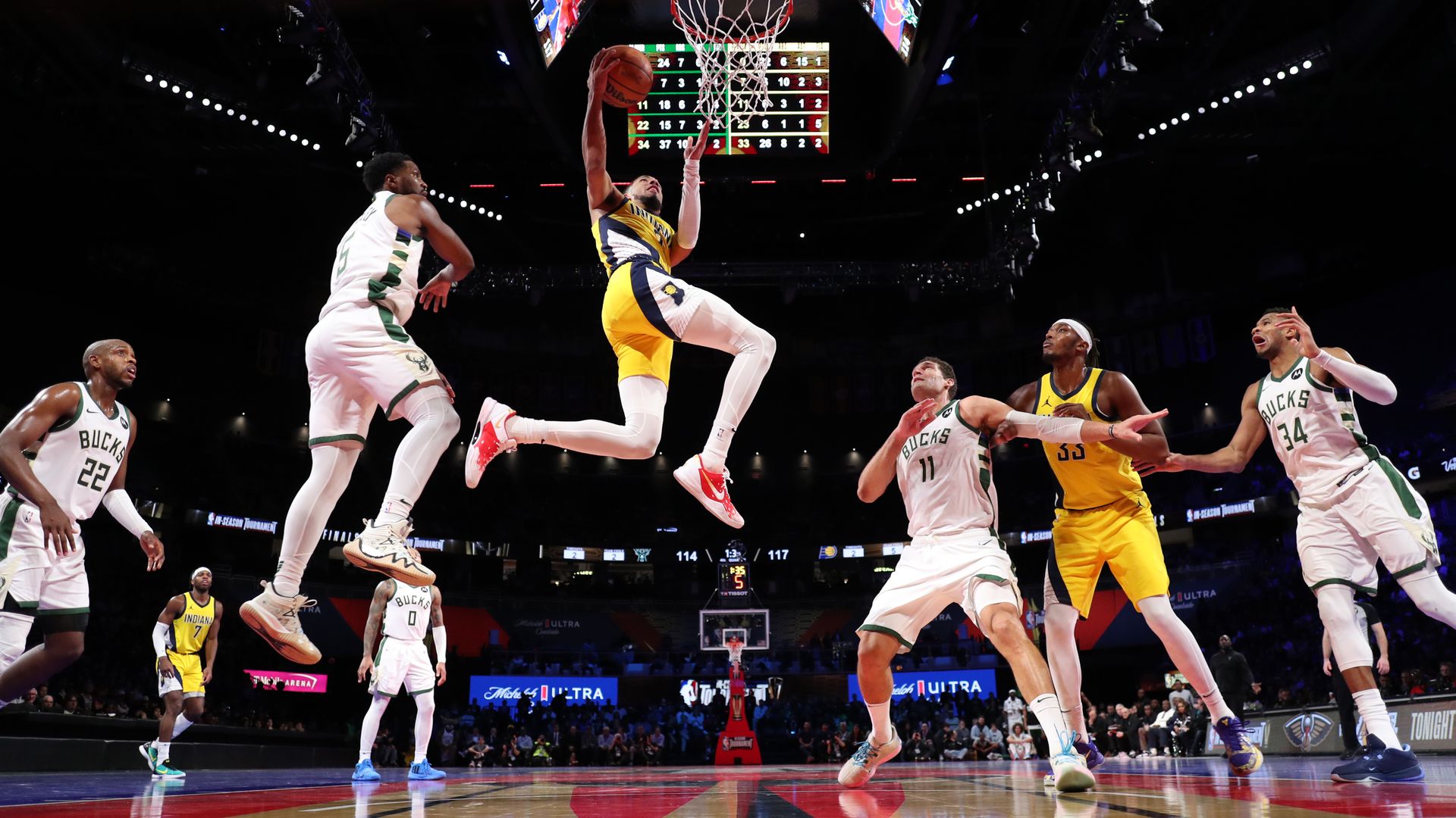 Pacers guard Tyrese Haliburton drives to the basket against the Milwaukee Bucks.