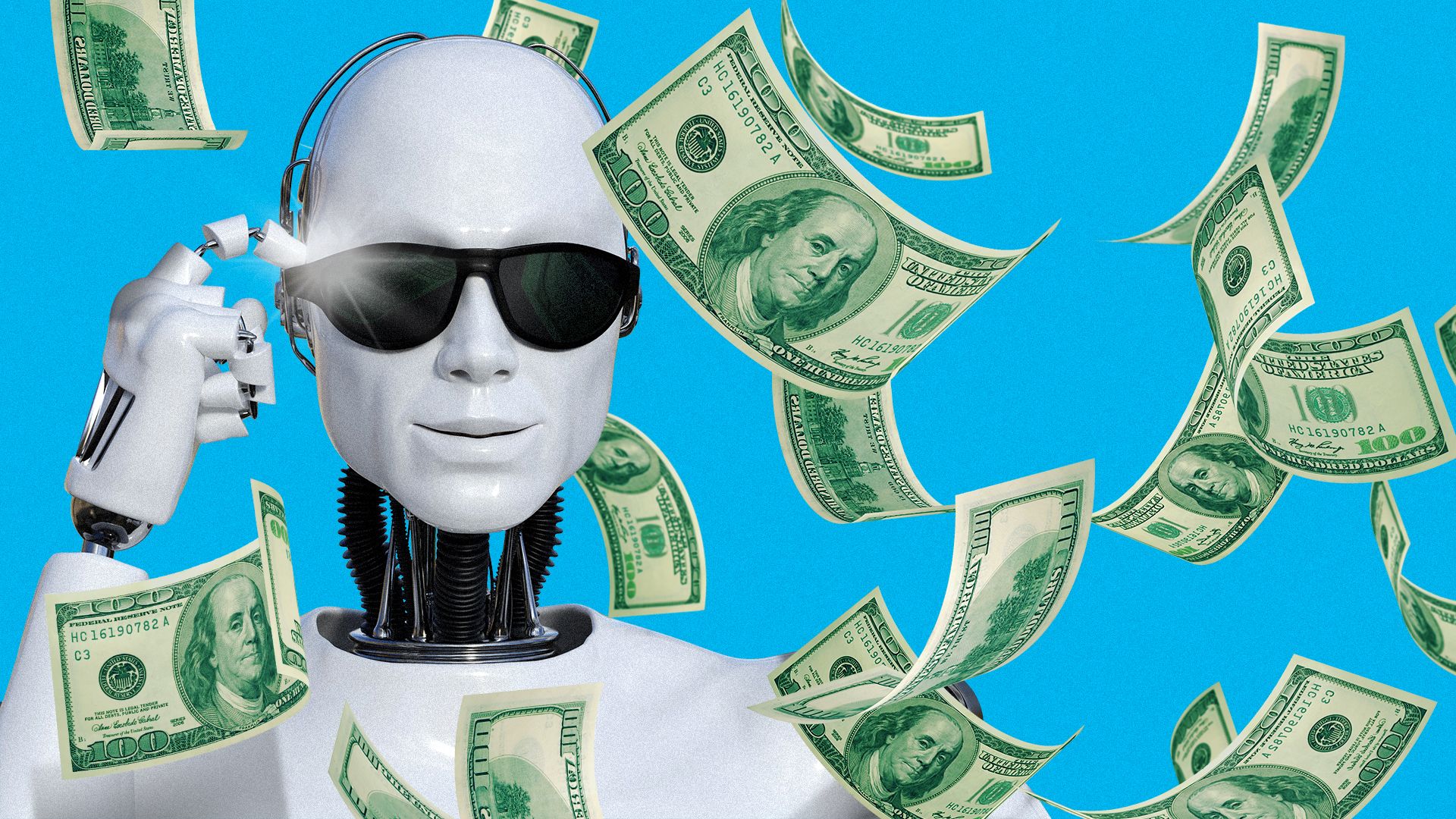 Illustration of money raining down on a smirking robot wearing sunglasses.