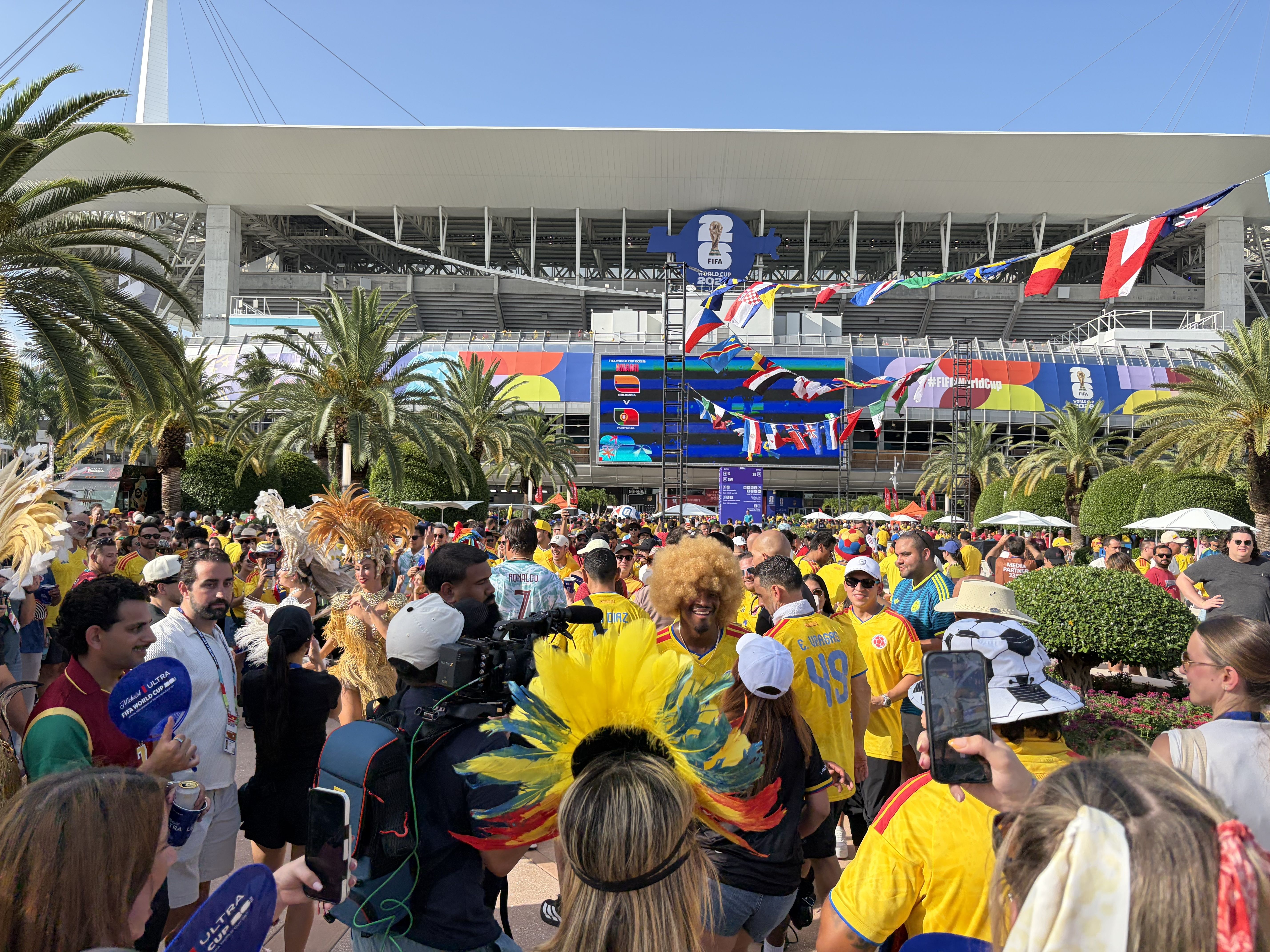FOX Sports World Cup correspondent and NFL quarterback Jameis Winston dances with fans outside Hard Rock Stadium. Photo: Martin Vassolo/Axios