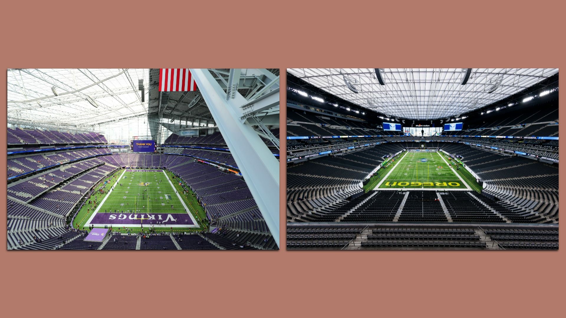 Side by side photos showing the inside of US Bank Stadium and Allegiant Stadium 