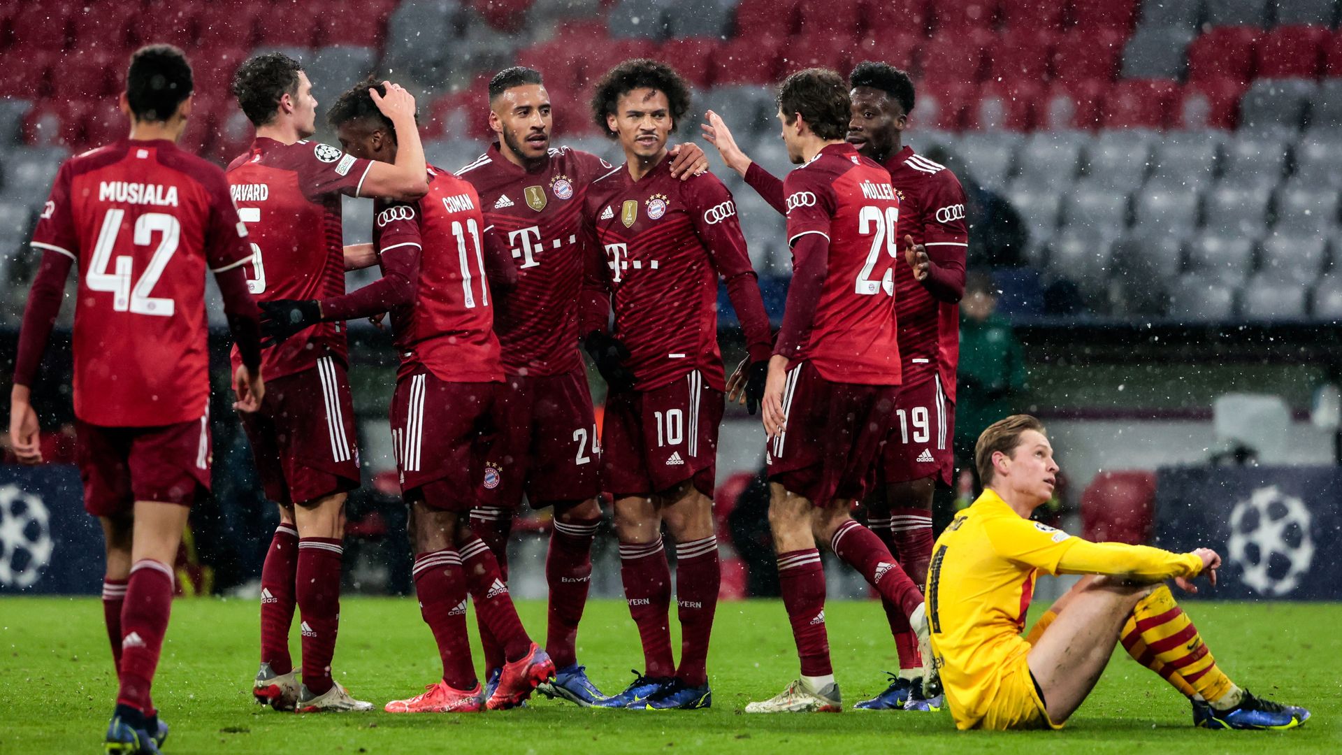 Leroy Sane 3rd R, up of Bayern Munich celebrates his scoring with teammates during a UEFA Champions League Group E match between Bayern Munich of Germany and FC Barcelona of Spain in Munich