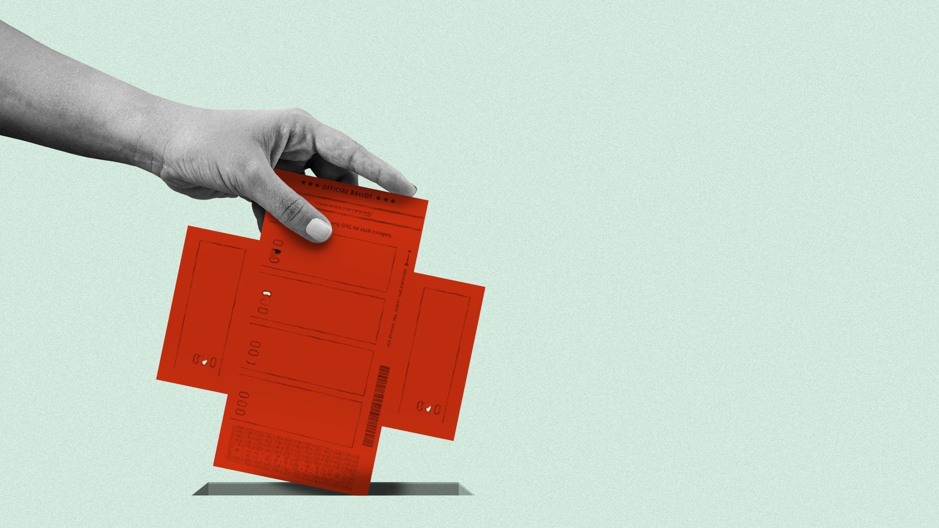Illustration of a hand casting a ballot in the shape of a red cross