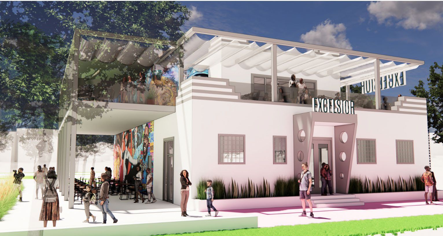 Modern two-story white building with "EXCELSIOR" sign, outdoor seating area, colorful mural on side, people walking and standing around, and balcony with a white awning against a blue sky.