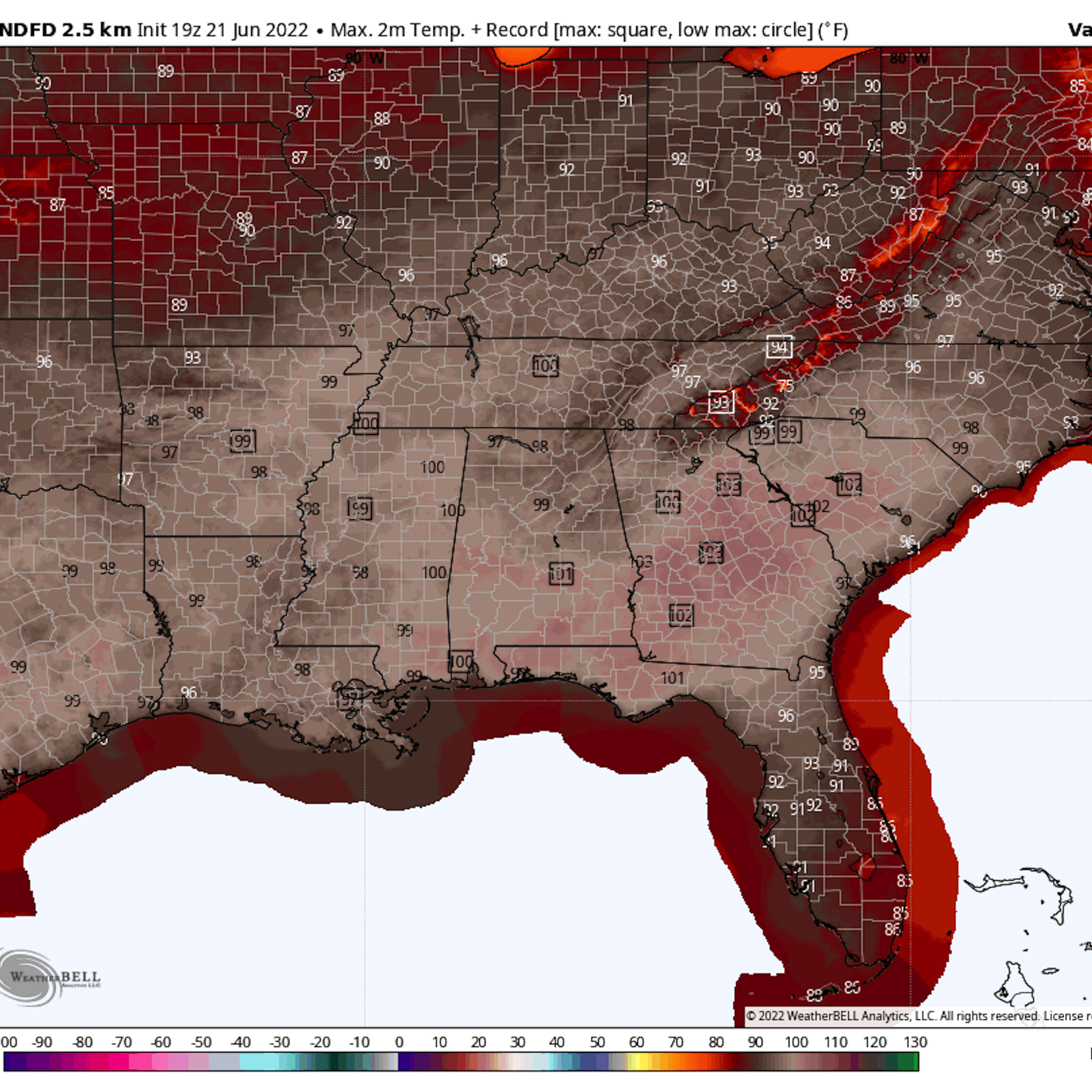 Forecast high temperatures for Wednesday, June 22, 2022.