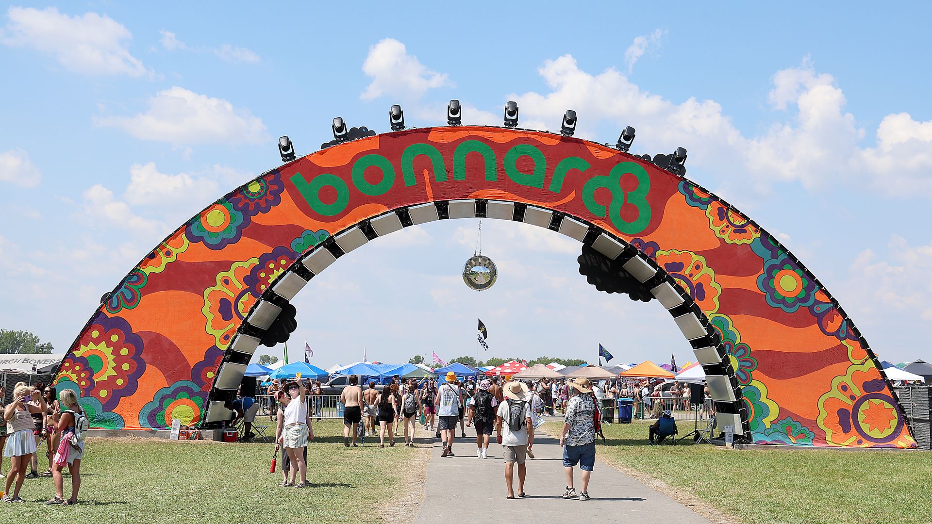 A general view of the atmosphere during the Bonnaroo Music & Arts Festival, featuring a giant arch over the entry