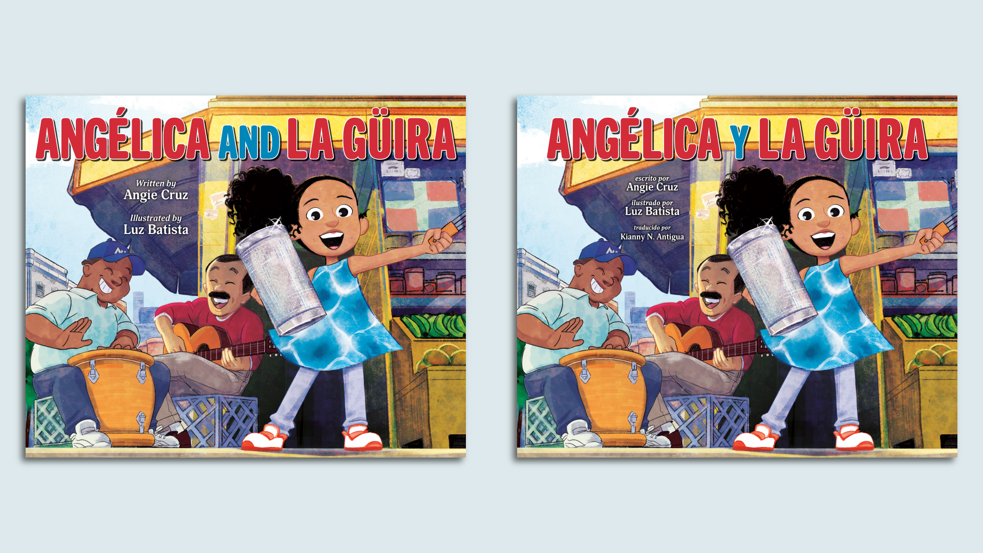 A light blue backdrop features two images of the ook "angelica and la guira" in both Spanish and English. The book cover features a young girl smiling 