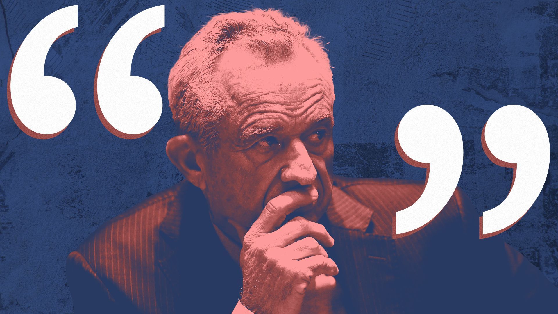Photo illustration of Robert F. Kennedy Jr. with giant quotation marks on either side of him
