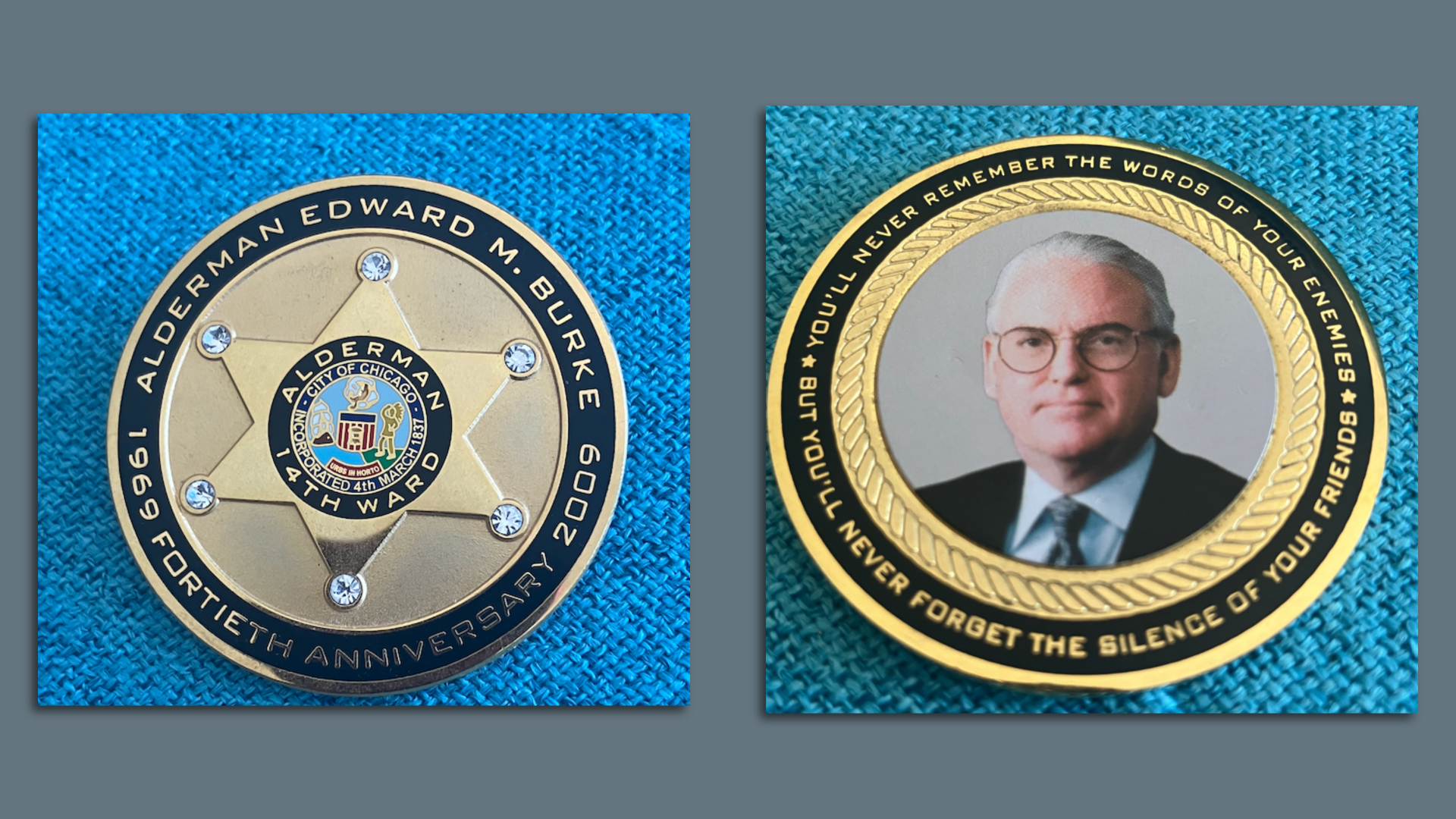 Gold badge on blue background, gold badge with photo of a man in center, on blue background.