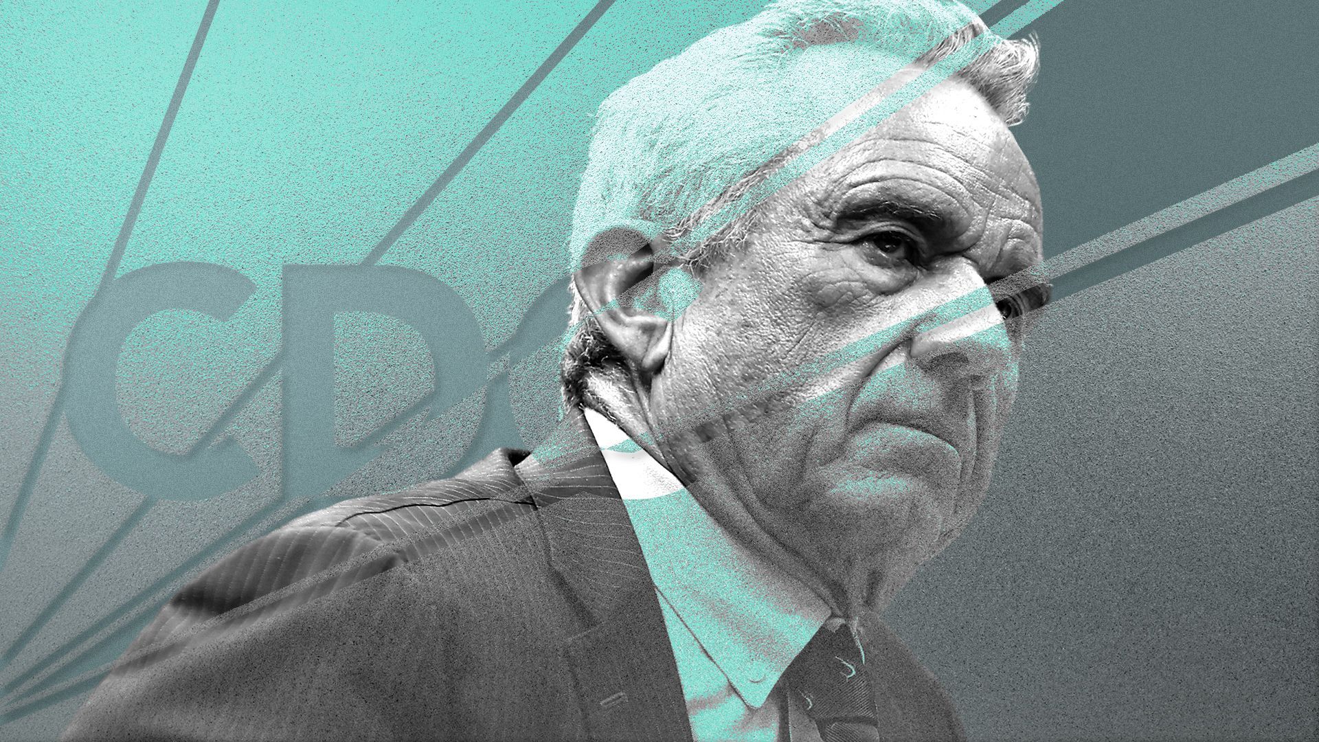 Photo illustration of Robert F. Kennedy Jr. partially obscured by a translucent CDC logo.
