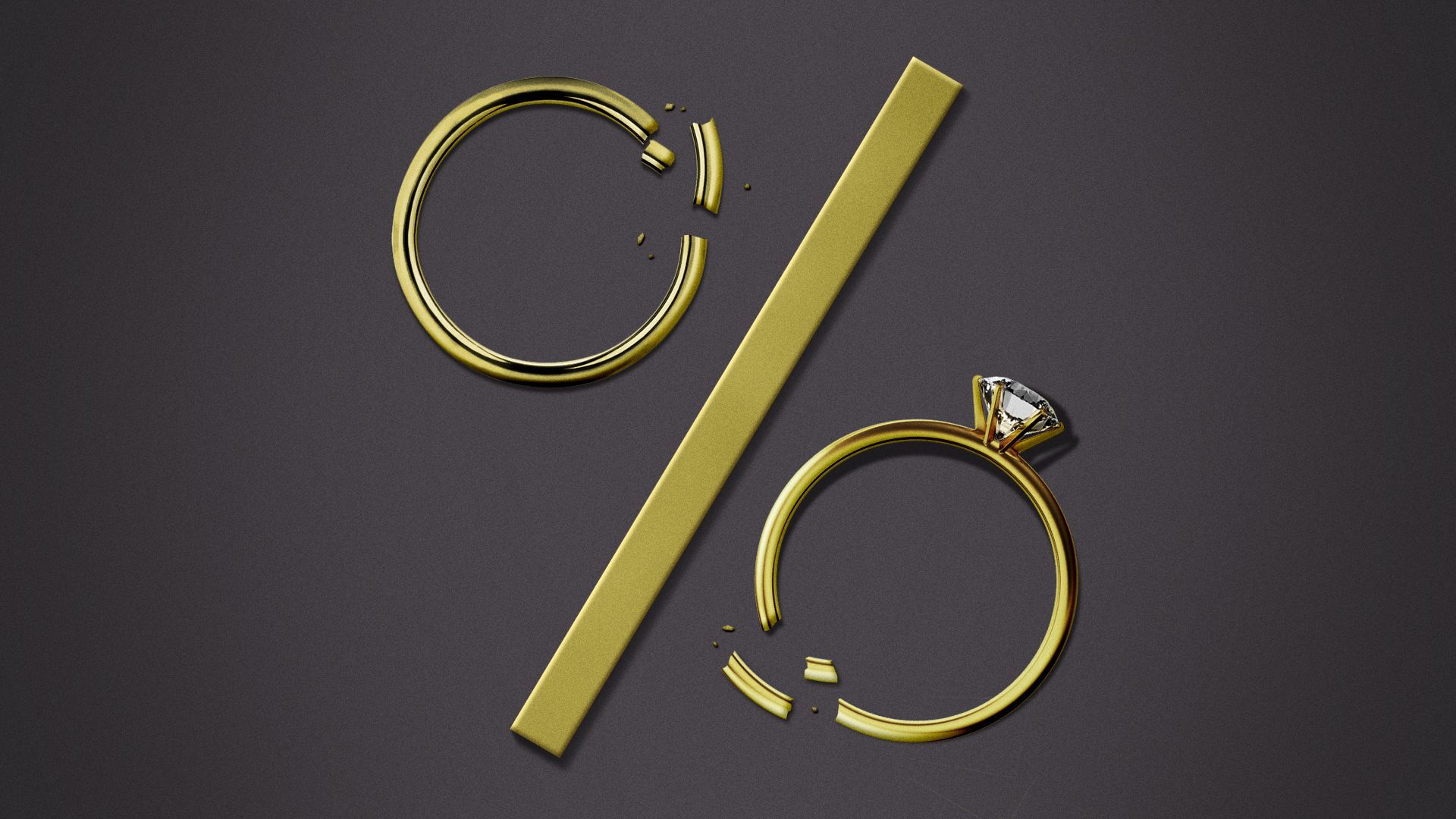 Illustration of a golden percentage symbol, but the 0's are broken wedding rings.