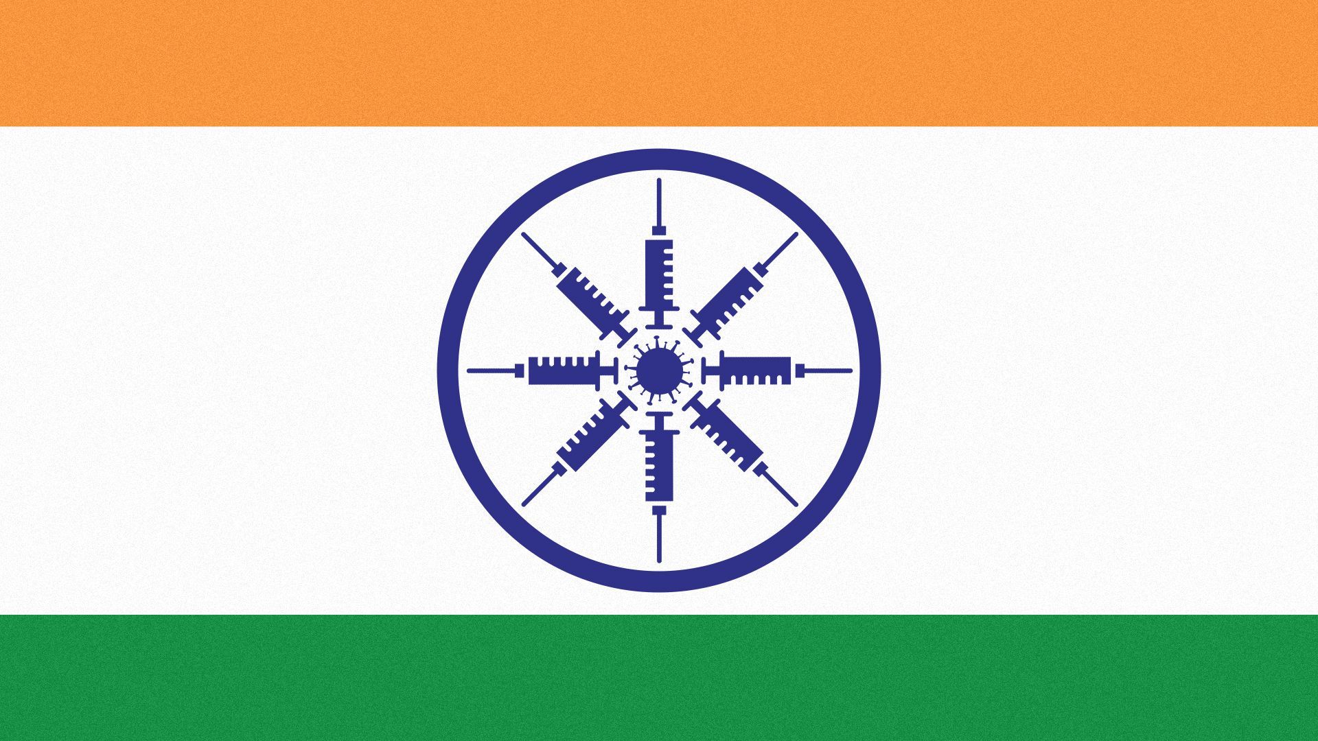 Illustration of India's flag, with syringes forming the spokes of the wheel symbol.