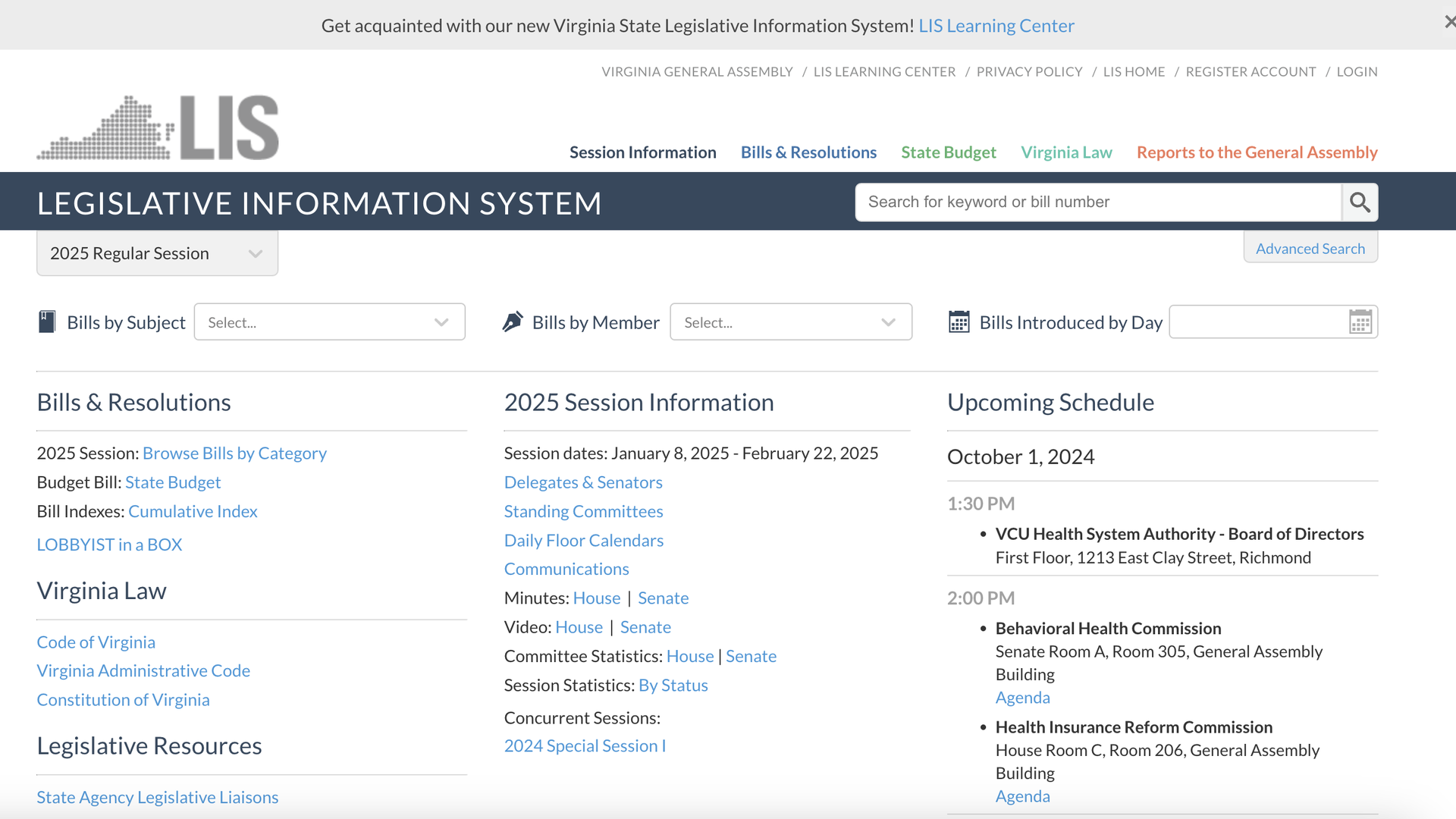 A screenshot of a website that says "LIS Legislative information system" and an option to look through the 2025 session, bills and reoslutions, virginia code, legislative resources and upcoming schedule