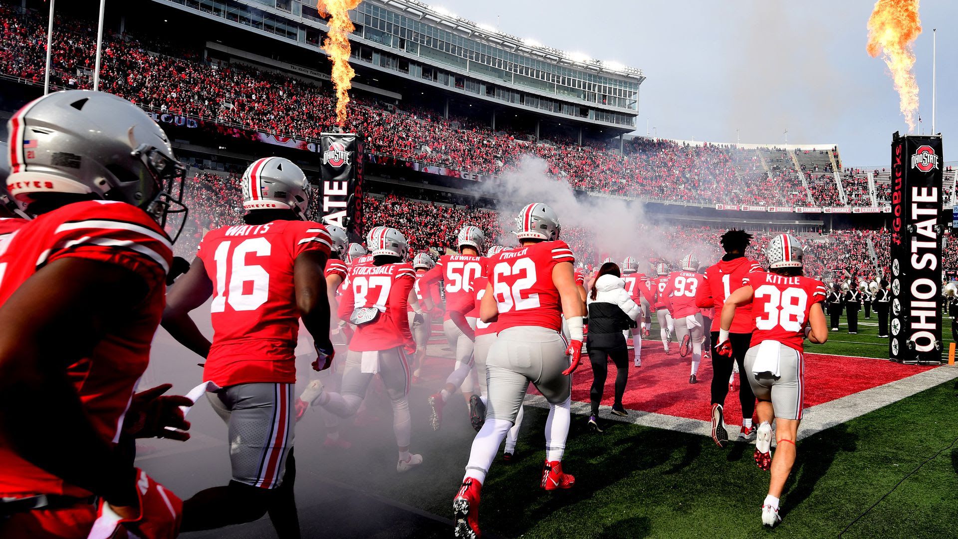 Ohio State takes the field against Michigan State on Nov. 20 by running through a smoke machine.