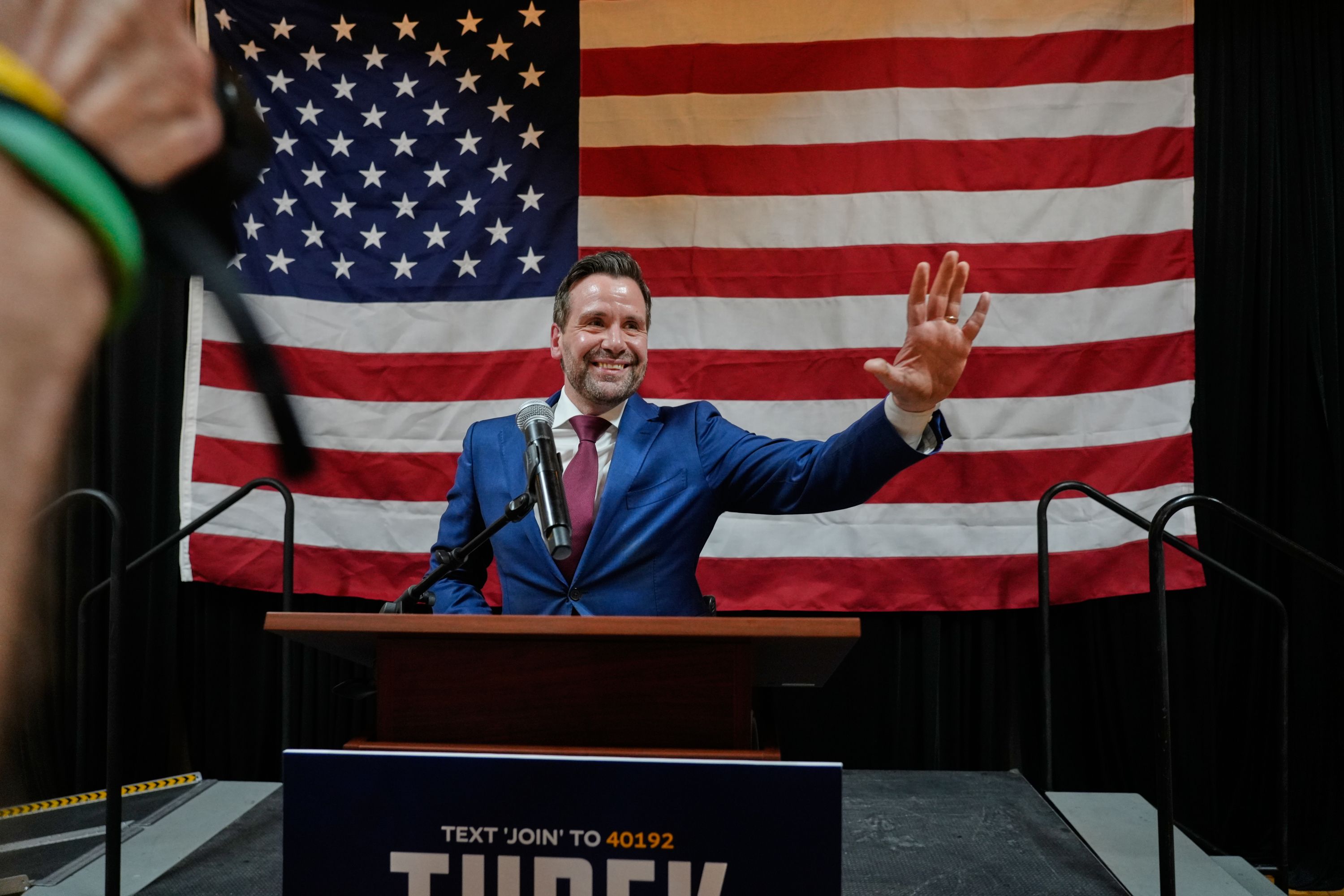 Iowa state Rep. Josh Turek speaks during an election night watch party in Des Moines.