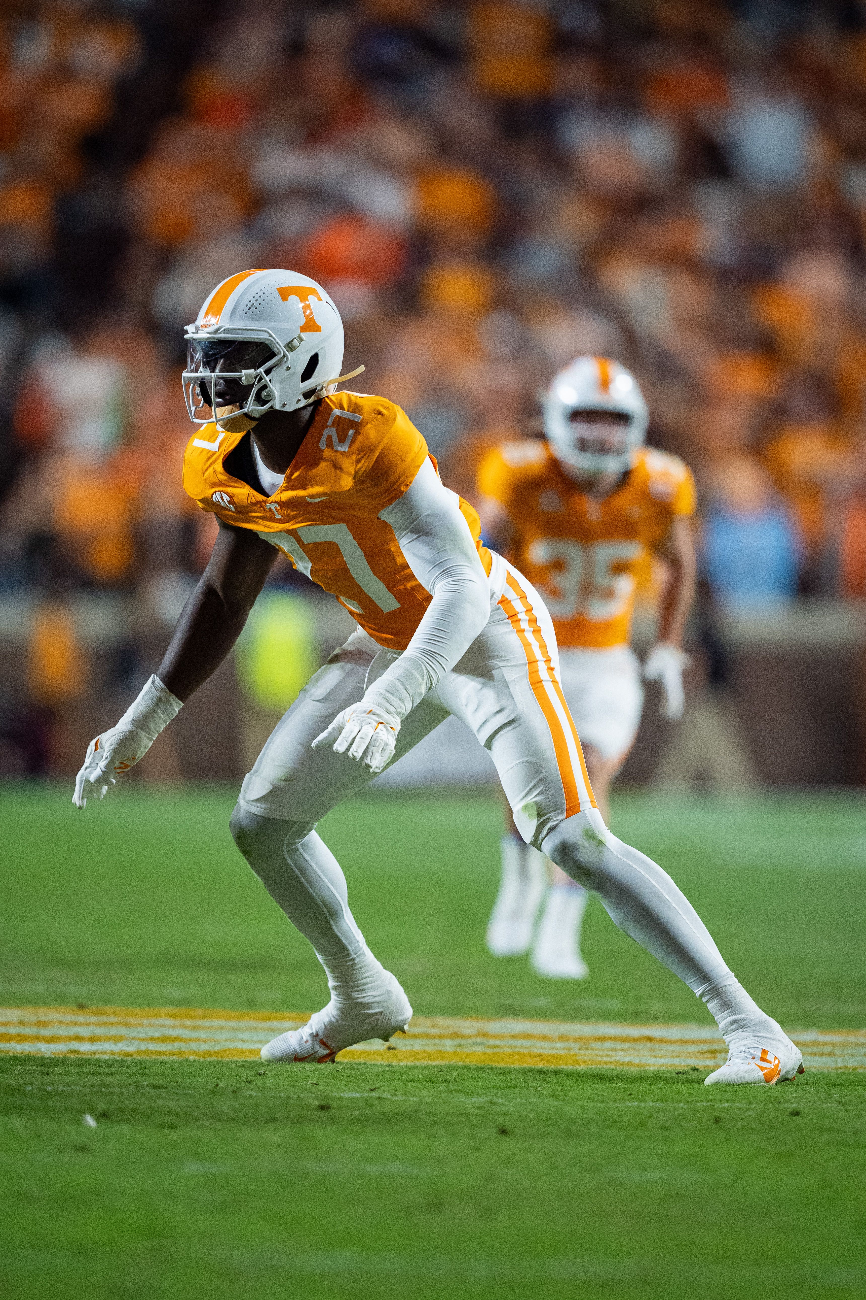 James Pearce Jr. #27 of the Tennessee Volunteers plays against the Mississippi State Bulldogs during their game at Neyland Stadium on November 09, 2024 in Knoxville, Tennessee. (Photo by Jacob Kupferman/Getty Images)