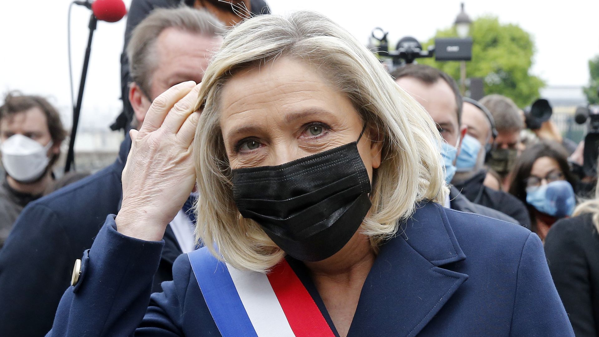 French far-right leader Marine Le Pen at a ceremony in honor of Jeanne d'Arc (Joan of Arc)on May 01, 2021 in Paris, France. 