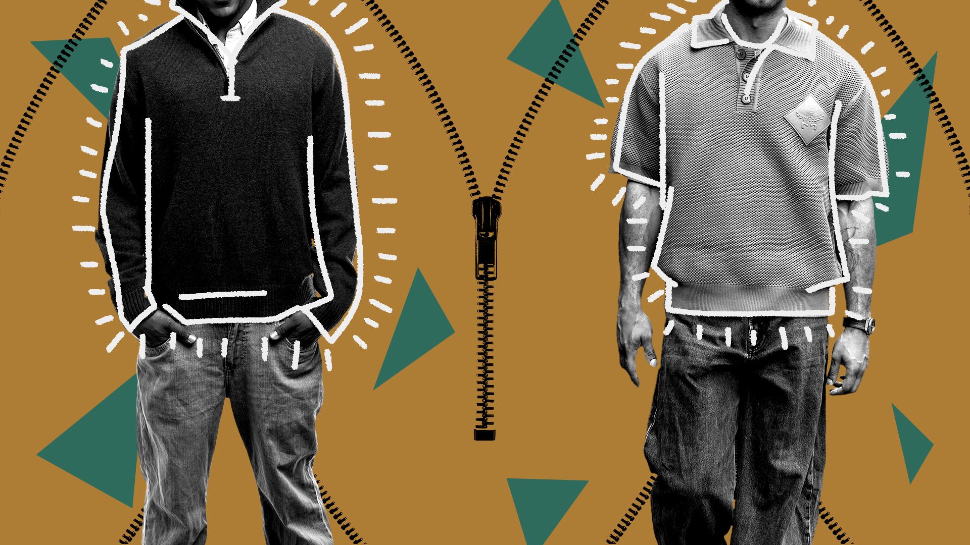 Illustrated collage of two men wearing quarter-zip style sweaters on an abstract background of zippers and triangles shapes. 