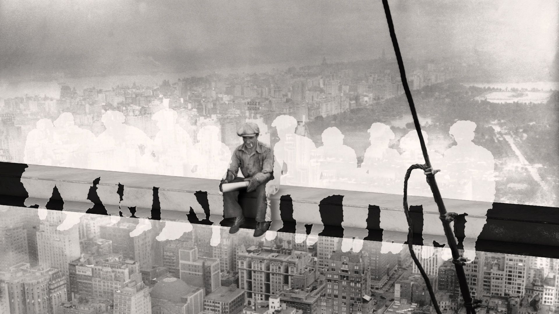 Photo illustration of the Lunch Atop a Skyscraper photo, with all of the men but one removed, and in their place a faint outline.