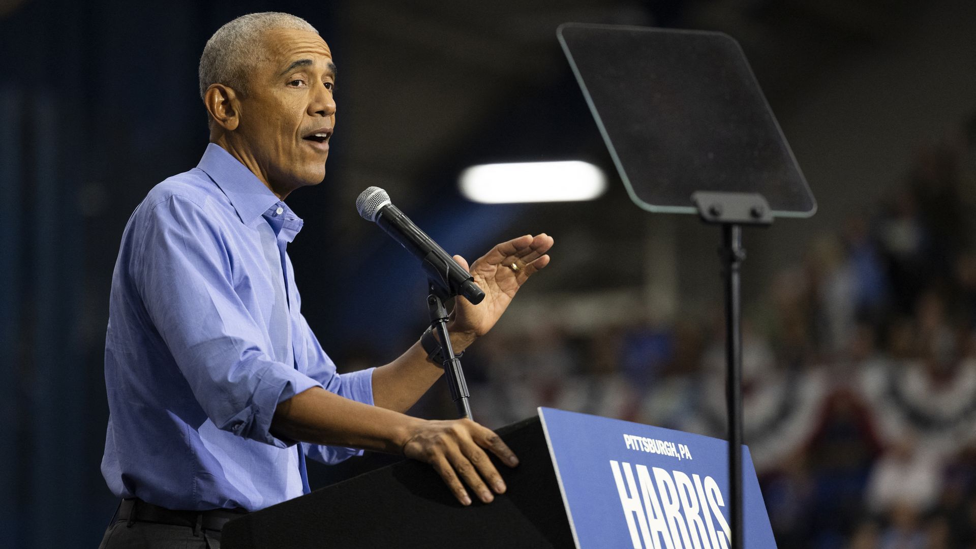 Former US President Barack Obama campaigns for US Vice President and Democratic presidential candidate Kamala Harris in Pittsburgh, Pennsylvania, on October 10, 2024. 