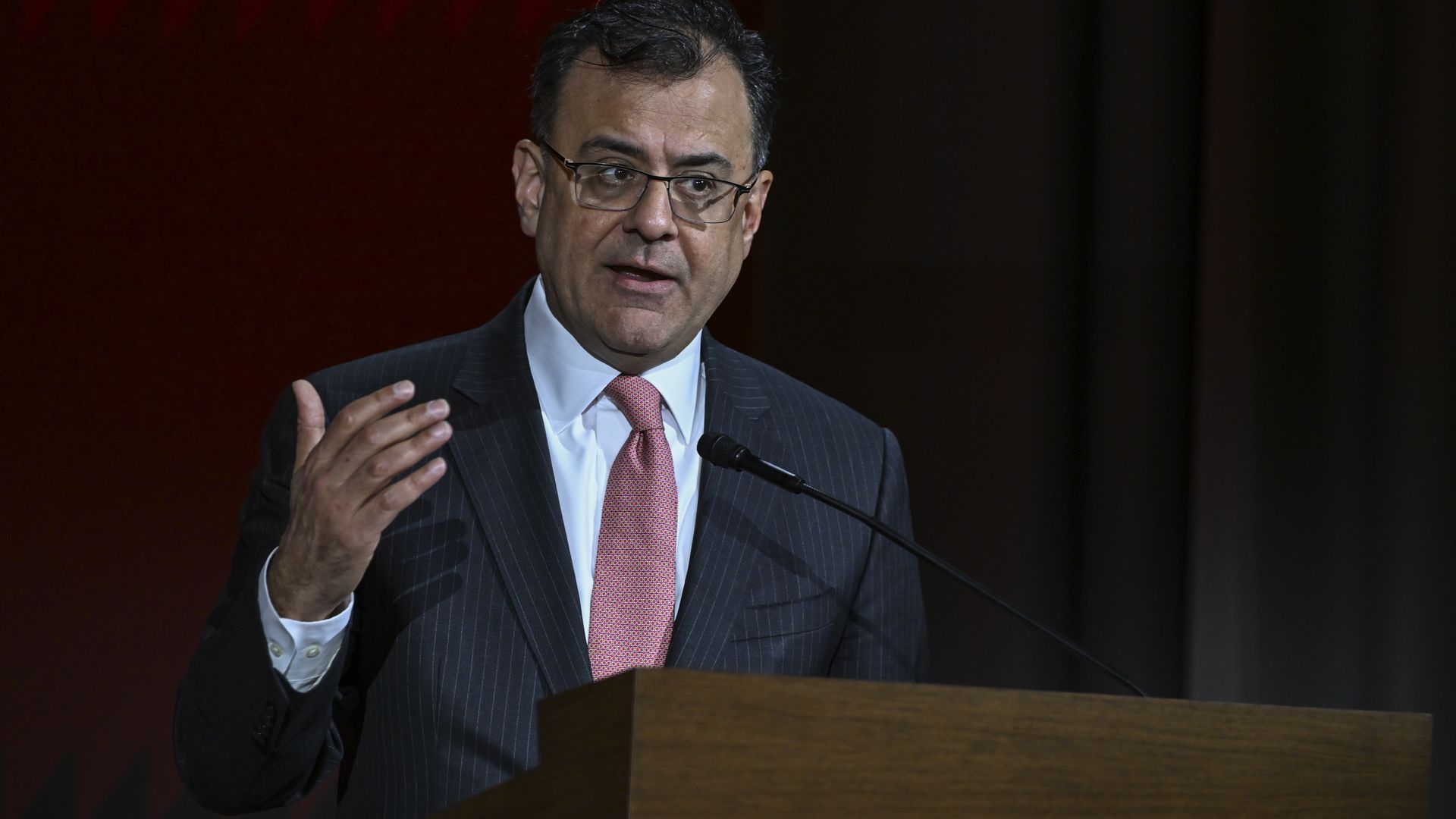 Karan Bhatia makes a speech during the U.S. - Turkiye Business Forum in Washington on March 13