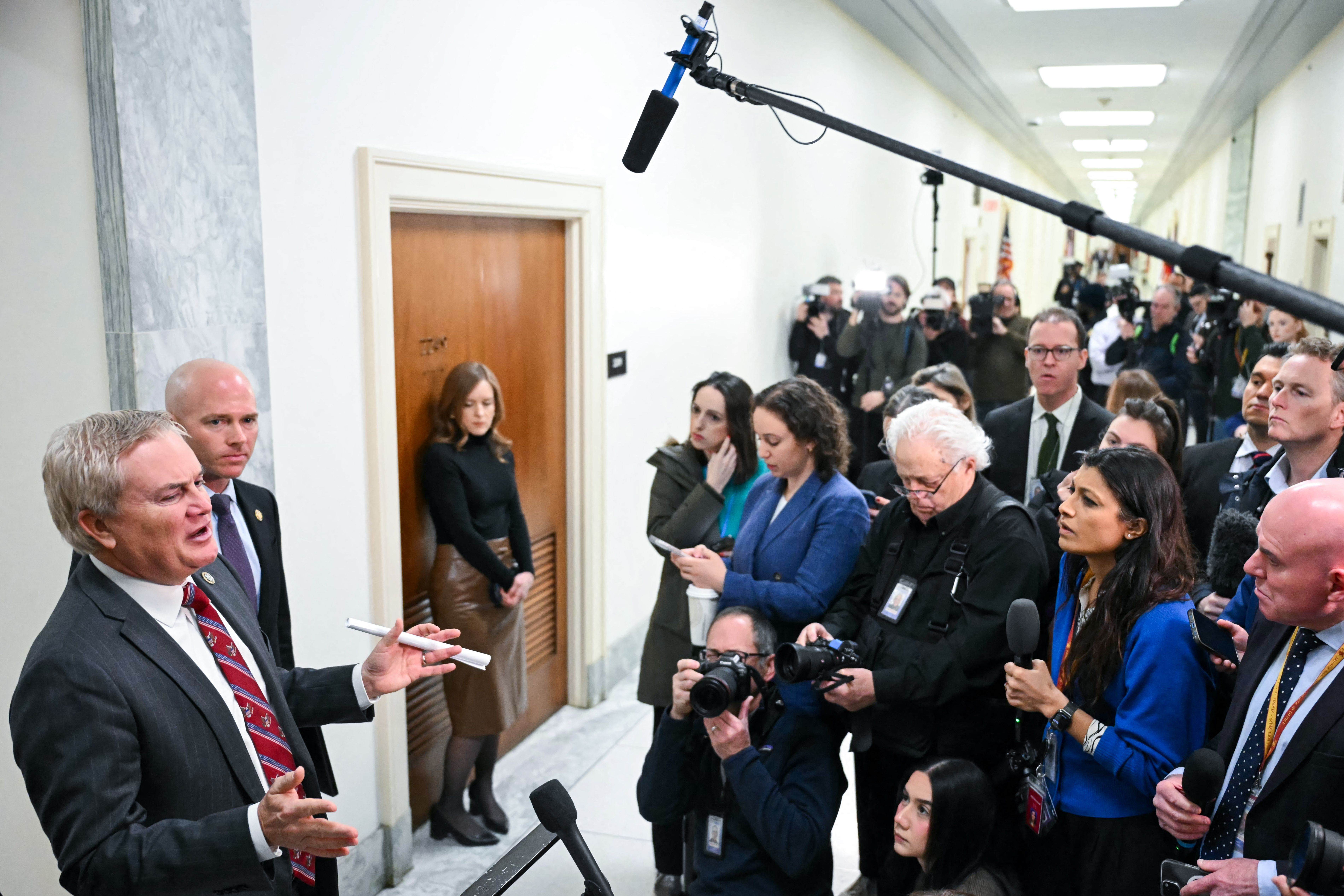 TOPSHOT - House Oversight Committee chairman US Representative James Comer, Republican from Kentucky, speaks to reporters after a House Oversight Committee closed-door virtual deposition with Ghislaine Maxwell on Capitol Hill in Washington, DC, on February 9, 2026. Jeffrey Epstein's accomplice Ghisl