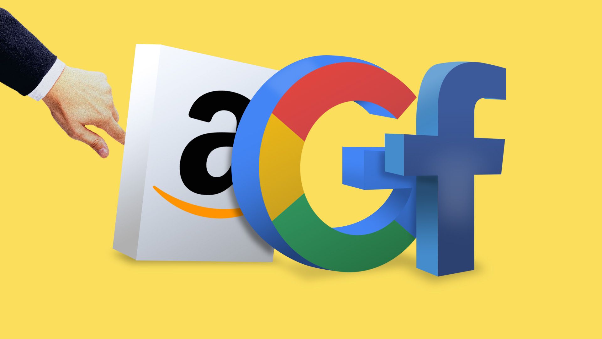 Illustration of a lawyer's hand poking logos of Amazon, Google and Facebook